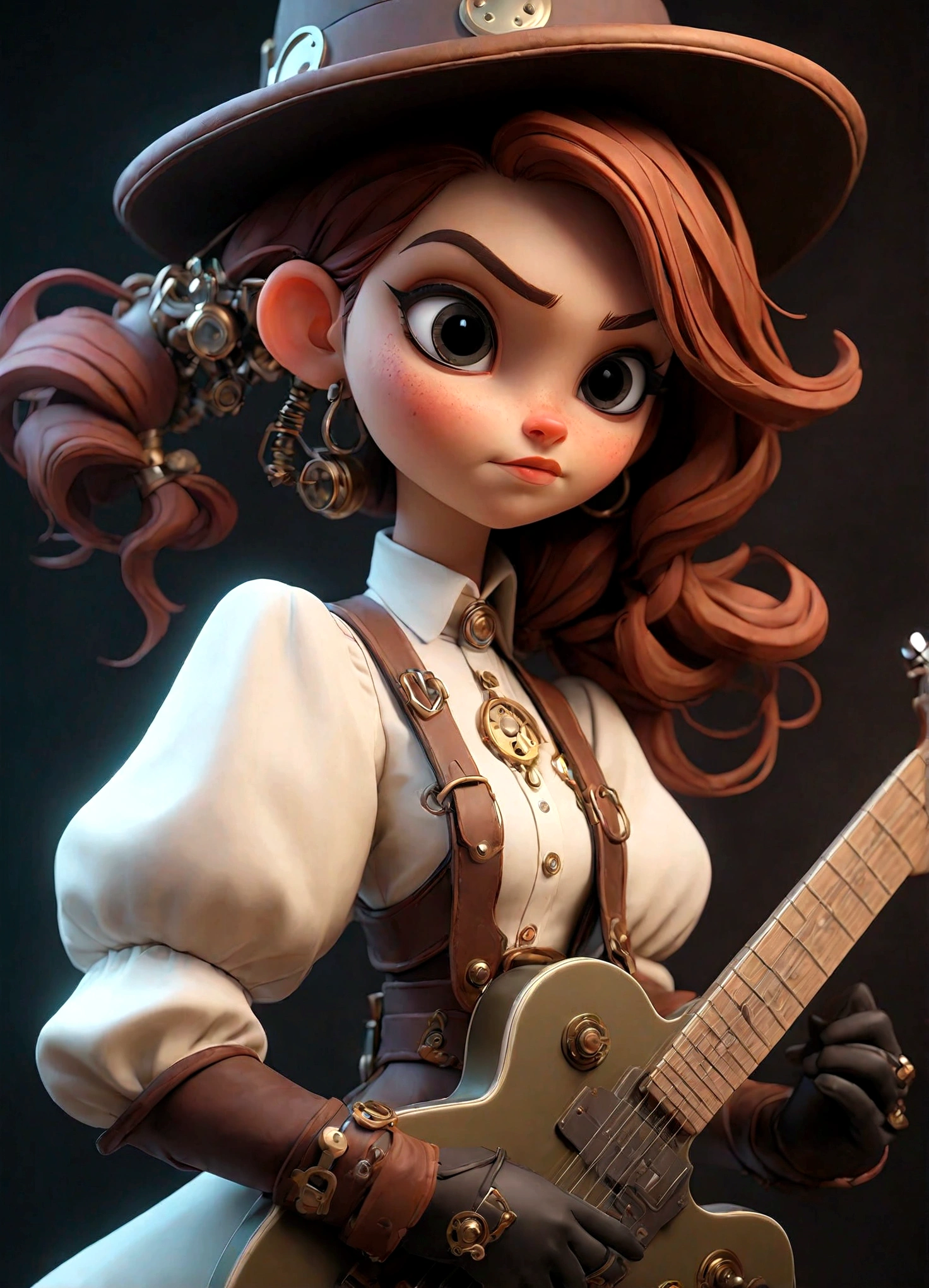 Steampunk style JK girl，Holding a shiny guitar，There is a blurry black shadow standing behind me，beautiful，Celluloid style，Flat coating，HD，3D，comics，8K，high quality，illustration，Vaporwave style，Rim Light，light，Super detailed，complicated，overclocked renderer，