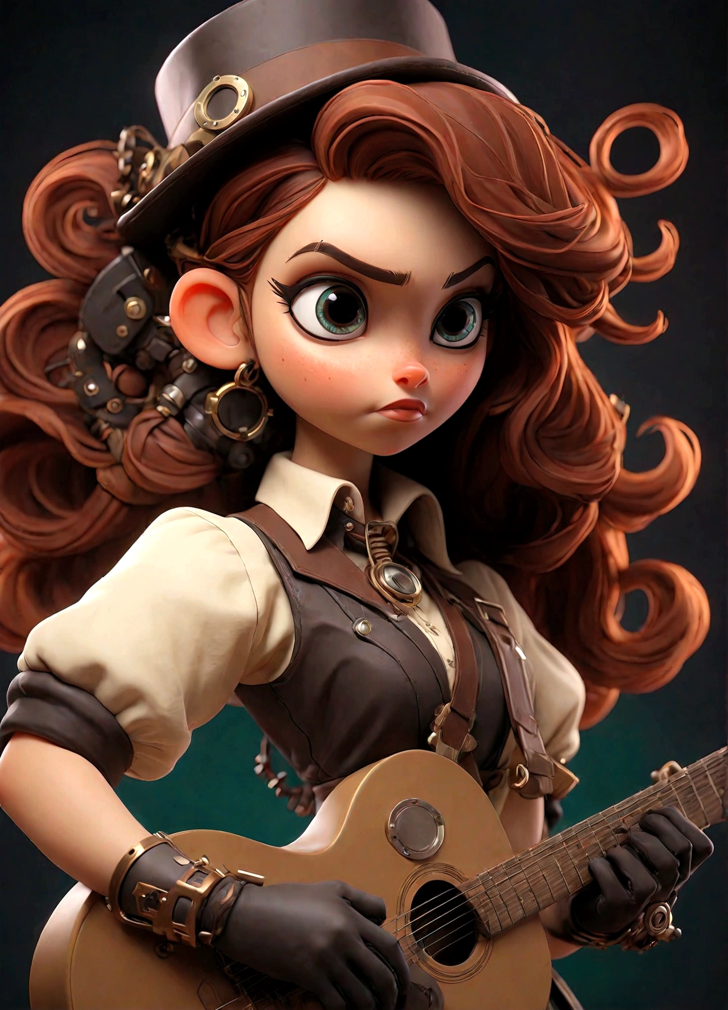 Steampunk style JK girl，Holding a shiny guitar，There is a blurry black shadow standing behind me，beautiful，Celluloid style，Flat coating，HD，3D，comics，8K，high quality，illustration，Vaporwave style，Rim Light，light，Super detailed，complicated，overclocked renderer，