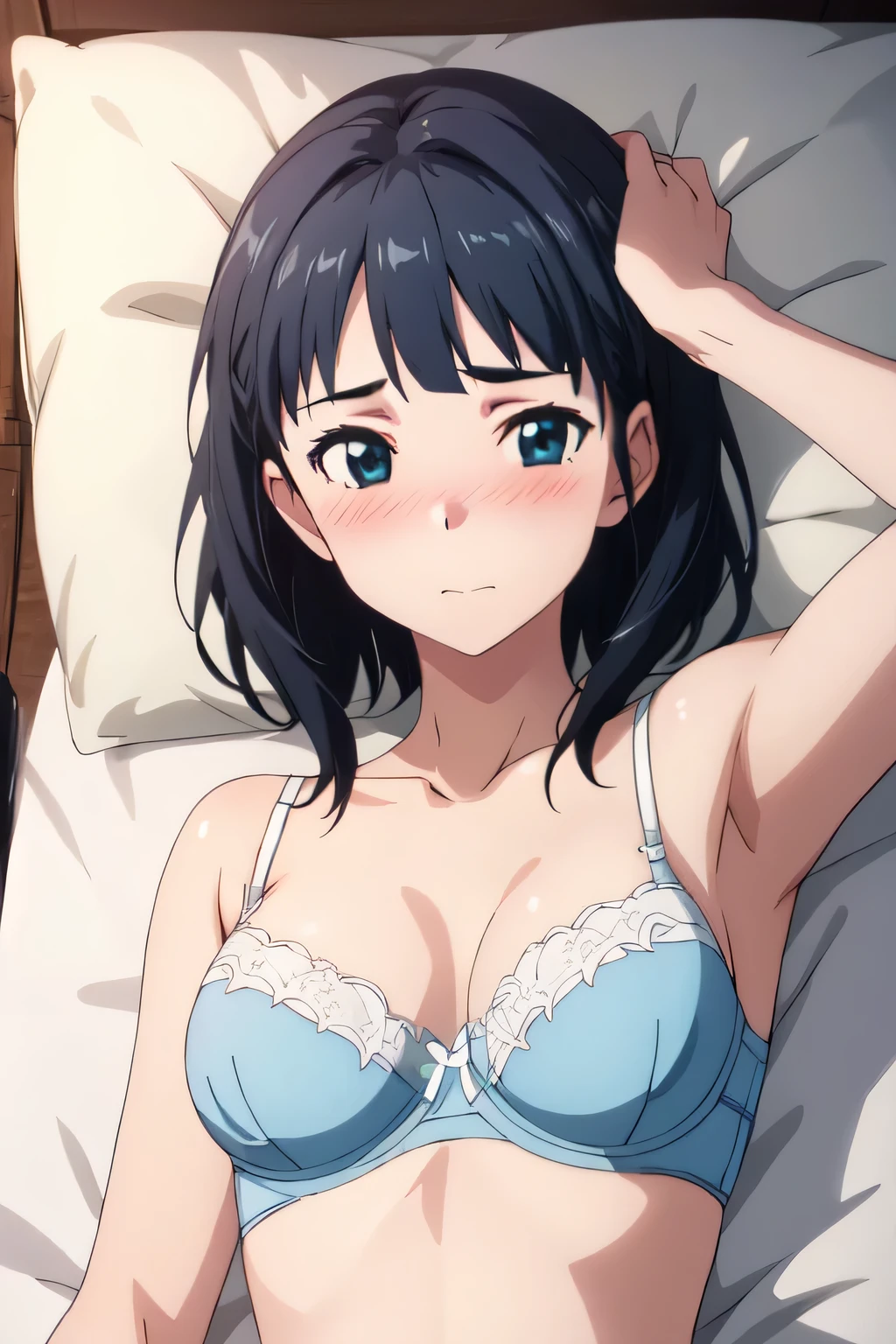 Very detailedな, Very detailed, 8k, A hyper-realistic portrait of Naoha Kirigaya, beautiful girl,  lie on the bed, Luminous effect, Detailed blue bra and panties, whole body,Super detailed,Very high quality, Embarrassed,Blushing,,Anatomically correct