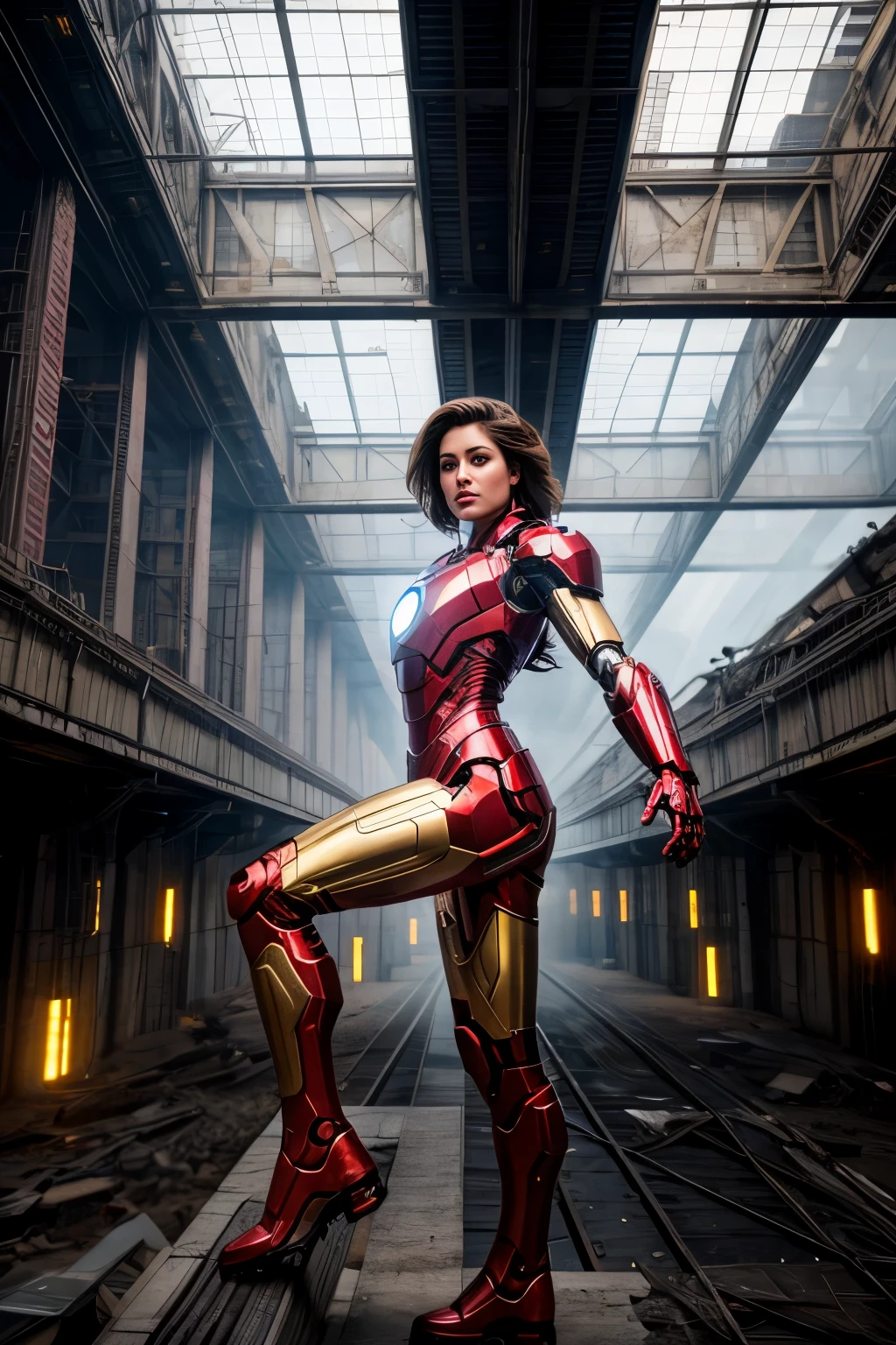 RAW, Masterpiece, Ultra Fine Photo,, Best Quality, Ultra High Resolution, Photorealistic, moonlight, Full Body Portrait, Stunningly Beautiful,, Dynamic Poses, Delicate Face, Vibrant Eyes, (Side View) , he is wearing a futuristic Iron Man mech, red and gold color scheme, highly detailed abandoned warehouse background, detailed face, detailed and complex busy background, messy, gorgeous, milky white, high detailed skin, realistic skin details, visible pores , sharp focus, volumetric fog, 8k uhd, dslr camera, high quality, film grain, fair skin, photorealism, lomography, sprawling metropolis in futuristic dystopia, view from below, translucent