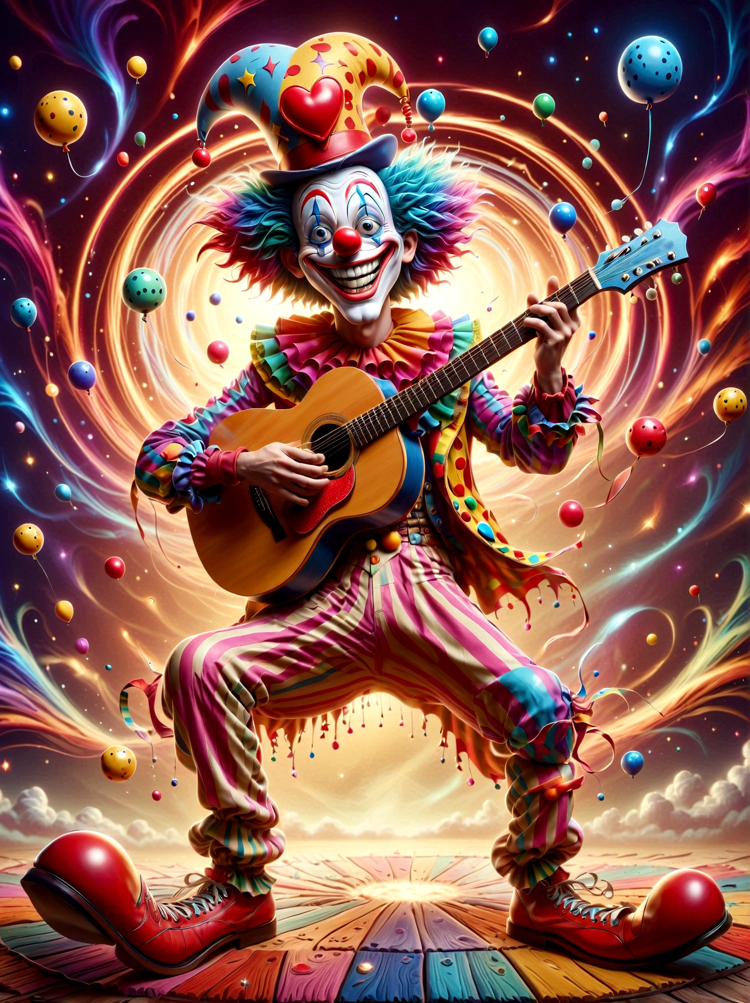 A spectacled Caucasian male dressed in a colorful clown costume complete with a red nose, oversized shoes, and a wild wig of multiple colors. He's shining with amusement and delight as he strums a vintage wooden acoustic guitar enthusiastically. The guitar is adorned with playful stickers of stars, suns, and moons, echoing the upbeat aura of its performer. The clown is standing on a cheerful, checkerboard-patterned floor with a simple, muted-toned background, thus making the vibrant colors of his attire stand out prominently.