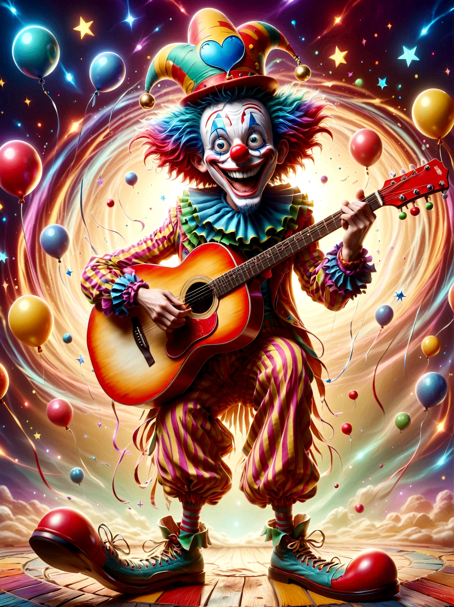 A spectacled Caucasian male dressed in a colorful clown costume complete with a red nose, oversized shoes, and a wild wig of multiple colors. He's shining with amusement and delight as he strums a vintage wooden acoustic guitar enthusiastically. The guitar is adorned with playful stickers of stars, suns, and moons, echoing the upbeat aura of its performer. The clown is standing on a cheerful, checkerboard-patterned floor with a simple, muted-toned background, thus making the vibrant colors of his attire stand out prominently.