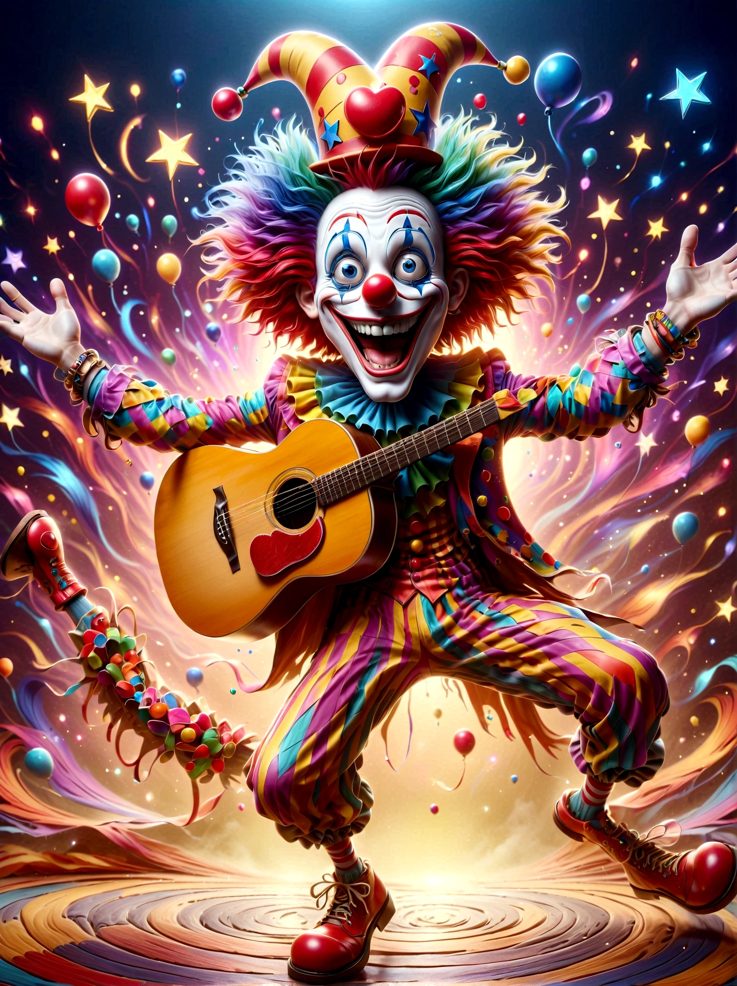 A spectacled Caucasian male dressed in a colorful clown costume complete with a red nose, oversized shoes, and a wild wig of multiple colors. He's shining with amusement and delight as he strums a vintage wooden acoustic guitar enthusiastically. The guitar is adorned with playful stickers of stars, suns, and moons, echoing the upbeat aura of its performer. The clown is standing on a cheerful, checkerboard-patterned floor with a simple, muted-toned background, thus making the vibrant colors of his attire stand out prominently.