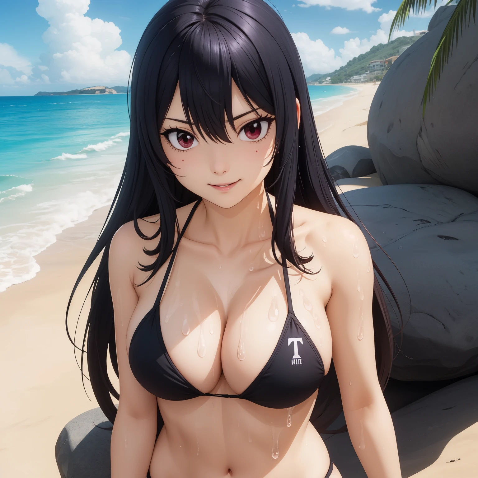 Homura Kougetsu, woman 27 years old, cabello azul, red eyes like rubies, sonrisa, pechos grandes, bikini amarillo, cuerpo mojado, fondo una playa soleada. cuerpo mojado, gotas de agua en su pecho. pechos enormes, enfoque en pechos