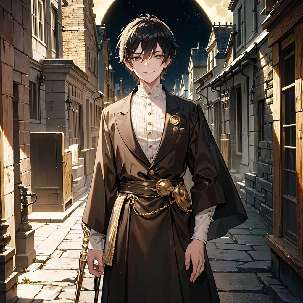 ((ultra detailed, masterpiece, absurdres))
 QuarryMax, 1boy, solo, black hair, light gold eyes, smirking, standing in front of rustic vintage dors, outside, moon, cinematic lighting