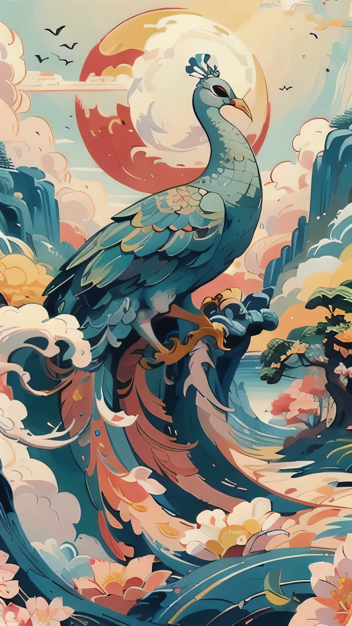 ((masterpiece)), best quality, Perfect anatomical structure,8k wallpaper,
Fashion China, No humans, Flying Peacock, Colorful clouds, flower, bird, outdoor, sun, cloudy Sky, animal, pink flower, Sky, animal focus, wave, landscape, yellow Sky, feather,
