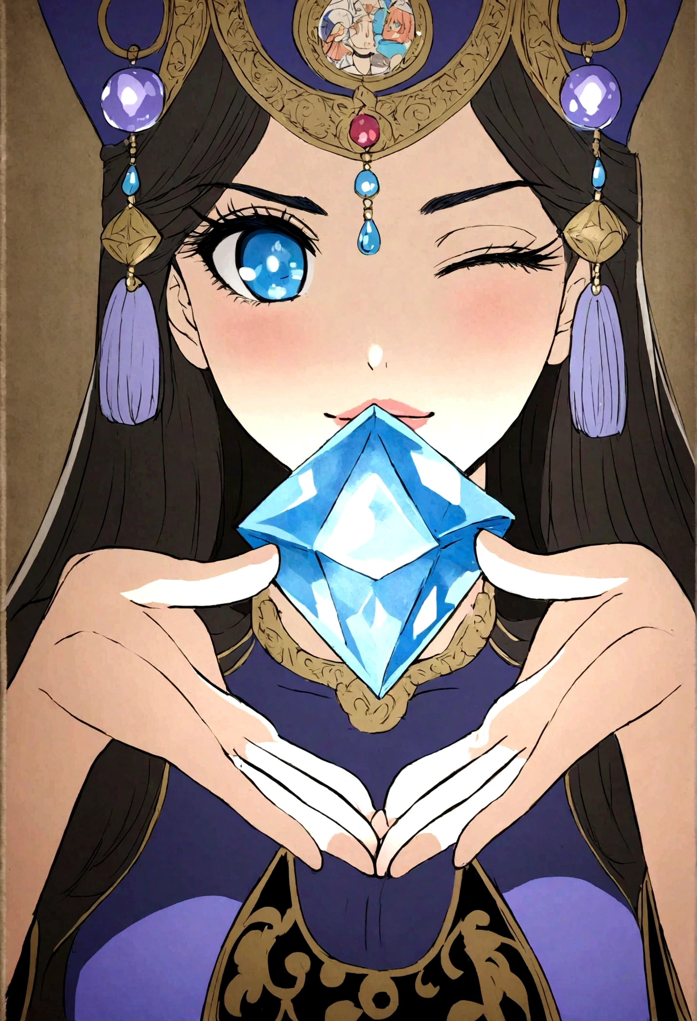 anime、Foreign women、blue eyeysterious、fortune teller、Headgear、holding a crystal in hand、Eyes closed、Long eyelashes、