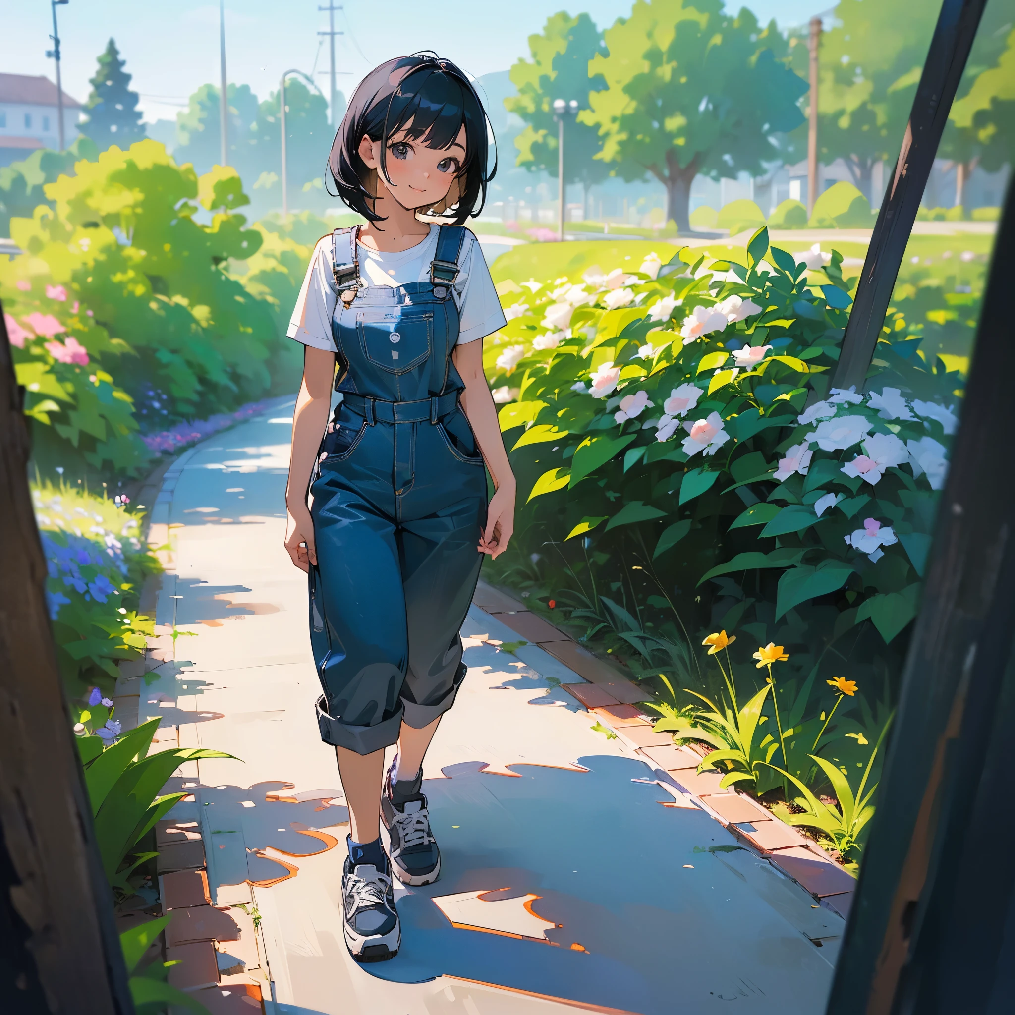 (high quality, High resolution, Very detailed, reality:1.37), Peaceful atmosphere, (Outdoor, garden),  girl standing alone, (my breasts are big.), Beautiful details, Cute Smile, (Black bob hair), Short sleeve shirt, Overalls, Blue socks, sneakers.