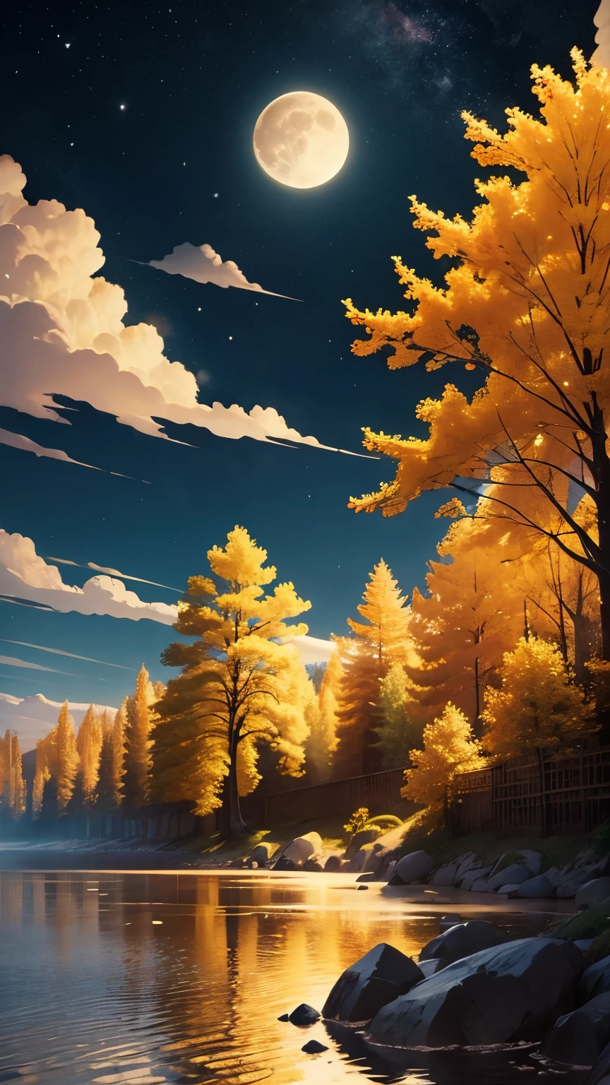 goldのfull moon、Landscape only、Fantastic night sky、Moon Main、yellow、gold、A large moon in the center、ginkgoの木、full moon、1つのfull moon、Only one moon、Asahi、Light Waves、goldの波、ginkgo