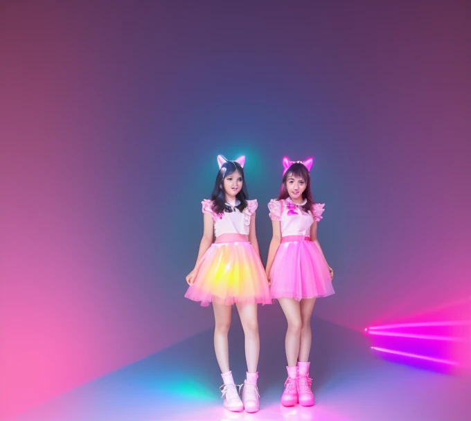 1 Arafad image of a group of Asian women posing for a photo，（pink color），cgstation trends，pink color皮膚，cgstation trends，pink color幫派肖像，January），ulzzang，（pink color），maid outfit, Trending on bbwchan, yanjun Chengt, Girls' Generation, 淡pink color膚色，summer，Short skirt，maid outfitbest quality,masterpiece,illustration,1 Girl,Solitary,whole body,Fox ears,Mecha,machine,Fluffy tail,Blank Background,Mechanical leg,(Fluorescent Color:1.5),(Laser purple light:1.1),Fox fire,Fluorescent pink,
