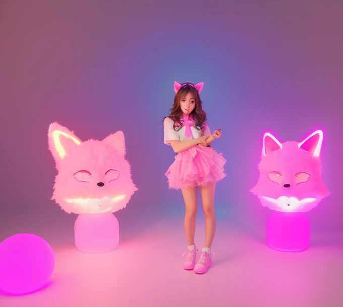 1 Arafad image of a group of Asian women posing for a photo，（pink color），cgstation trends，pink color皮膚，cgstation trends，pink color幫派肖像，January），ulzzang，（pink color），maid outfit, Trending on bbwchan, yanjun Chengt, Girls' Generation, 淡pink color膚色，summer，Short skirt，maid outfitbest quality,masterpiece,illustration,1 Girl,Solitary,whole body,Fox ears,Mecha,machine,Fluffy tail,Blank Background,Mechanical leg,(Fluorescent Color:1.5),(Laser purple light:1.1),Fox fire,Fluorescent pink,