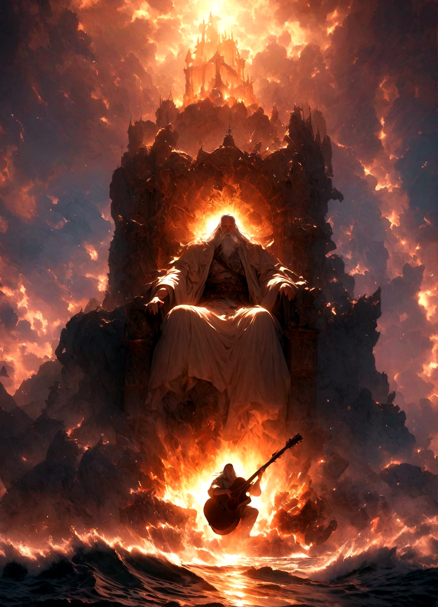 King of Water, He has long white hair and a white beard, Holding a huge guitar, sit on his throne, set at sea. Dolphin jumps behind. fantasy, magic, mystery, Ethereal, sublime atmosphere, dreamlike, Extremely detailed and complex, Painted landscapes, Dramatic Lighting, high quality, Octane Rendering, Epic scene, Bible World.