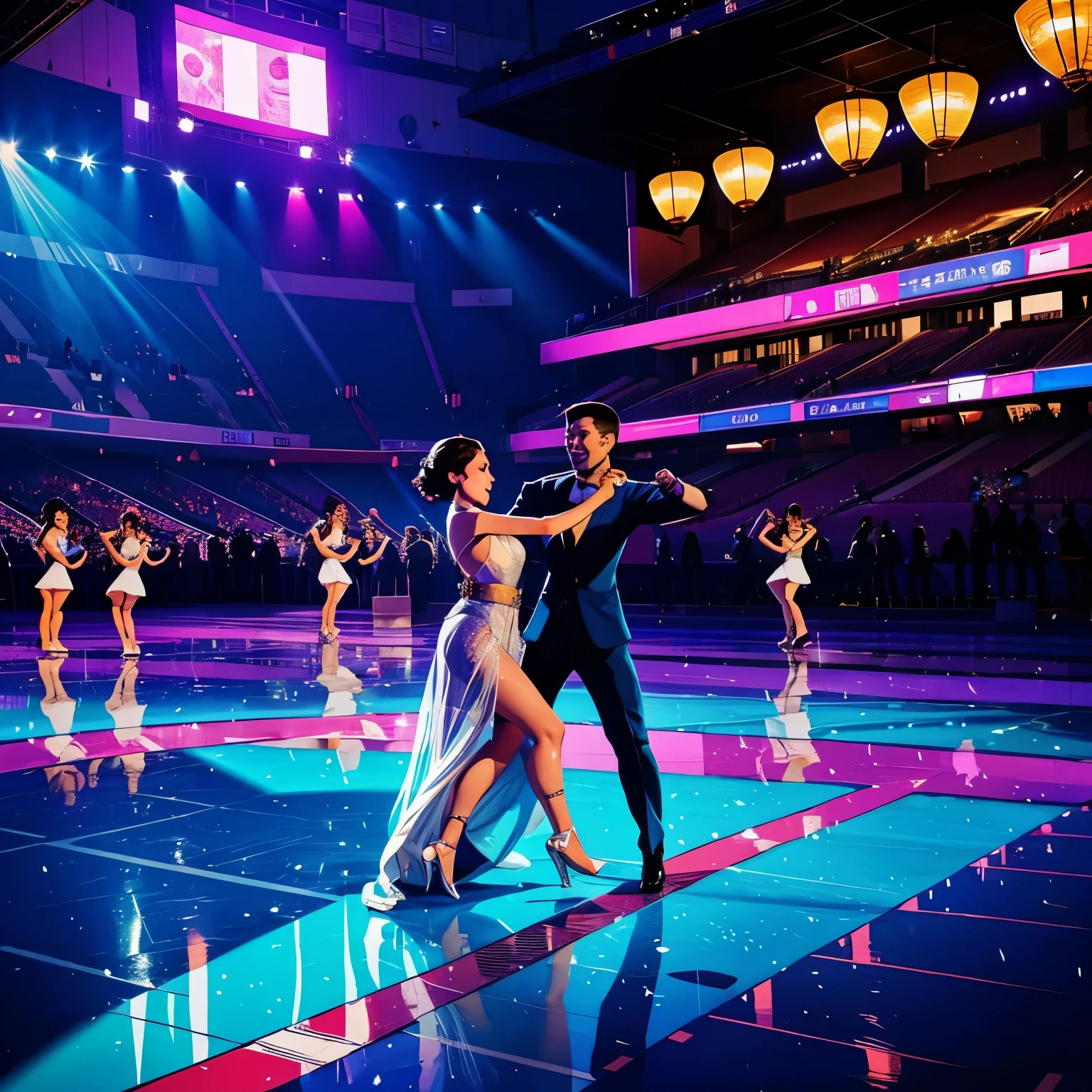 stadium;有Many couples们在舞池上旋转;Where the dance was held,night,Many couples dancing,Scenes,beautiful,Many couples,Many couples在跳舞,clear,有很多Details,Details
