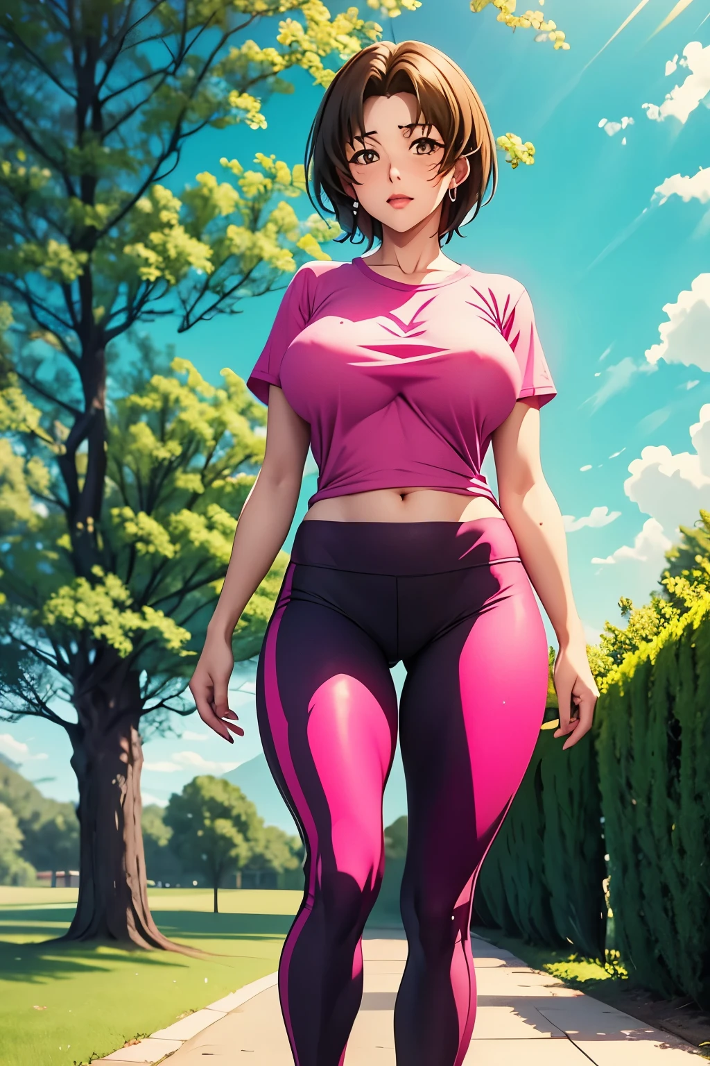 IkumiSunohara, wearing a pink T-shirt, pink leggings, standing ,high quality,4k,