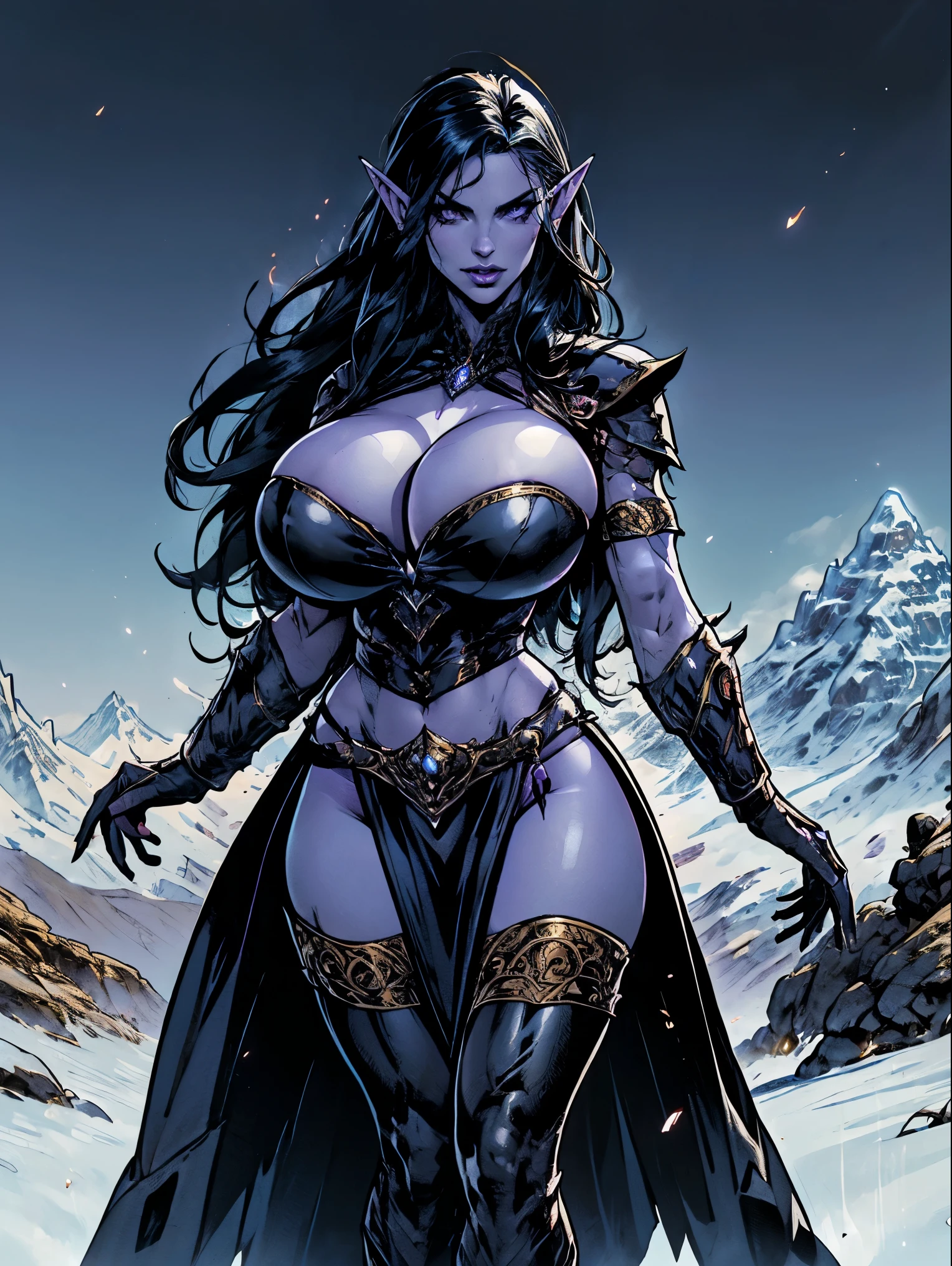 (masterpiece, top quality, best quality, official art, beautiful and aesthetic:1.2), (1girl:1.3), ((Sharp facial features, sharp features, hawkish features)), ((big hair, long elf ears, long black hair)), (((pale purple skin, pale blue skin, blue skin, purple skin))), big tiddy dark elf girl, extremely detailed, portrait, looking at viewer, solo, (full body:0.6), detailed background, full-body shot, (cold night mountain theme:1.1), dark elf war dancer, (spiky winged helmet), charlatan, smirk, mysterious, swaying in mountains, skimpy attire, revealing gladiatrix costume, ebony metal, gold filigree, long boots, dual knives, blood red fabric, pelvic curtain, loincloth, black leather, ((((gigantic breasts, cleavage, skindentation, long legs, pelvic curtain)))), cute belly button, toned tummy, slim waist, slim hips, long legs, medieval (mountain exterior:1.1) background, dark mysterious lighting, shadows, magical atmosphere, dutch angle