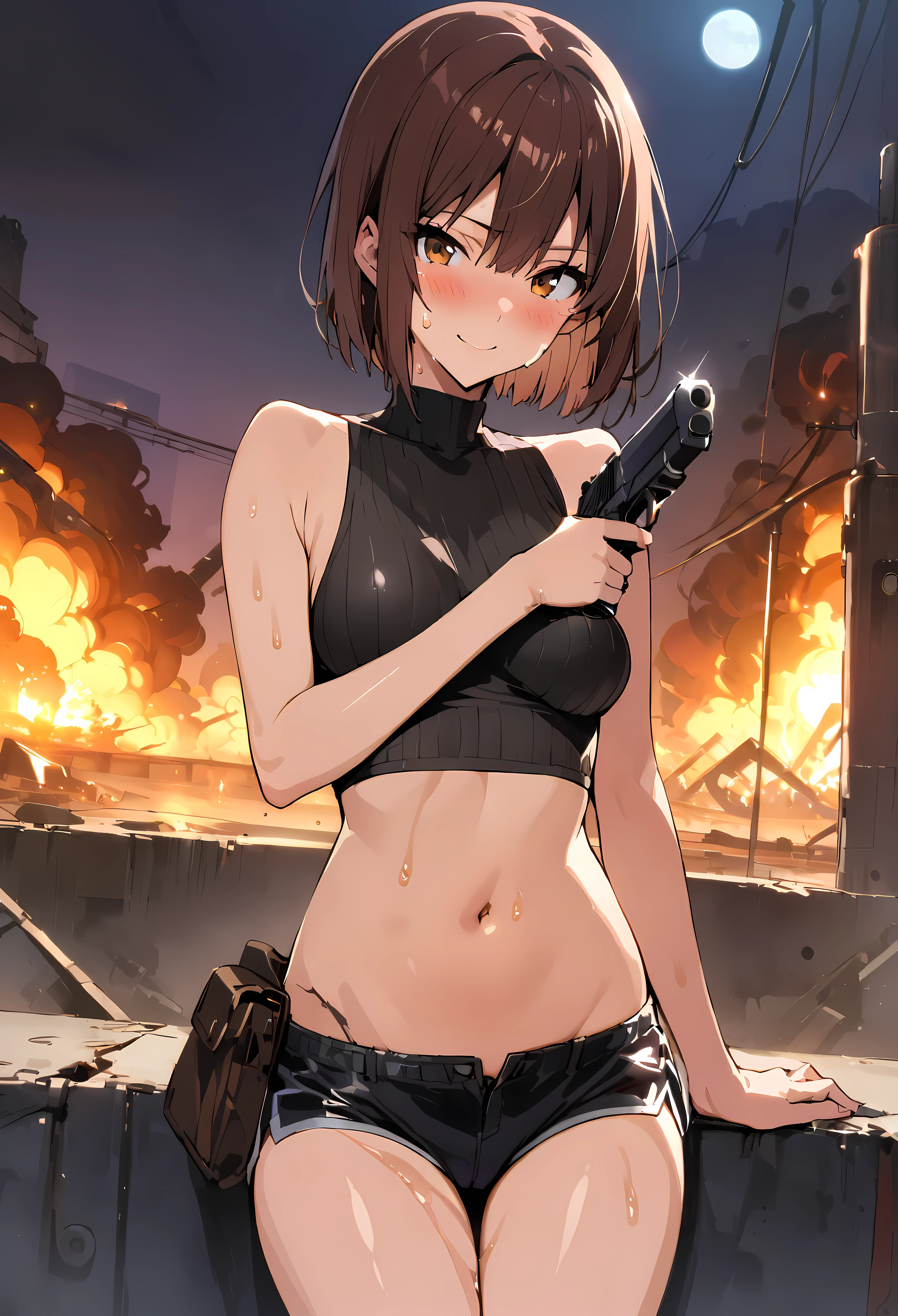 takeda hiromitsu style,(((masterpiece, highest quality:1.3,absurdres))),cowboy shot,20 year old beauty,Sniper、solo,((very small head)),short bob hair,bangs,dark brown hair,brown eyes,blush,Proud smile、medium breasts,((very long body)),((slender body)),skinny,gleaming skin,shiny skin,sweat, Black turtleneck、No sleeve、Crop length、navel、Black micro mini shorts、Black combat boots,sitting、(Holding a handgun in your hand、Detailed handgun),Explosion in the distance、Abandoned Factory、port、Tokyo、at night、moonlight、