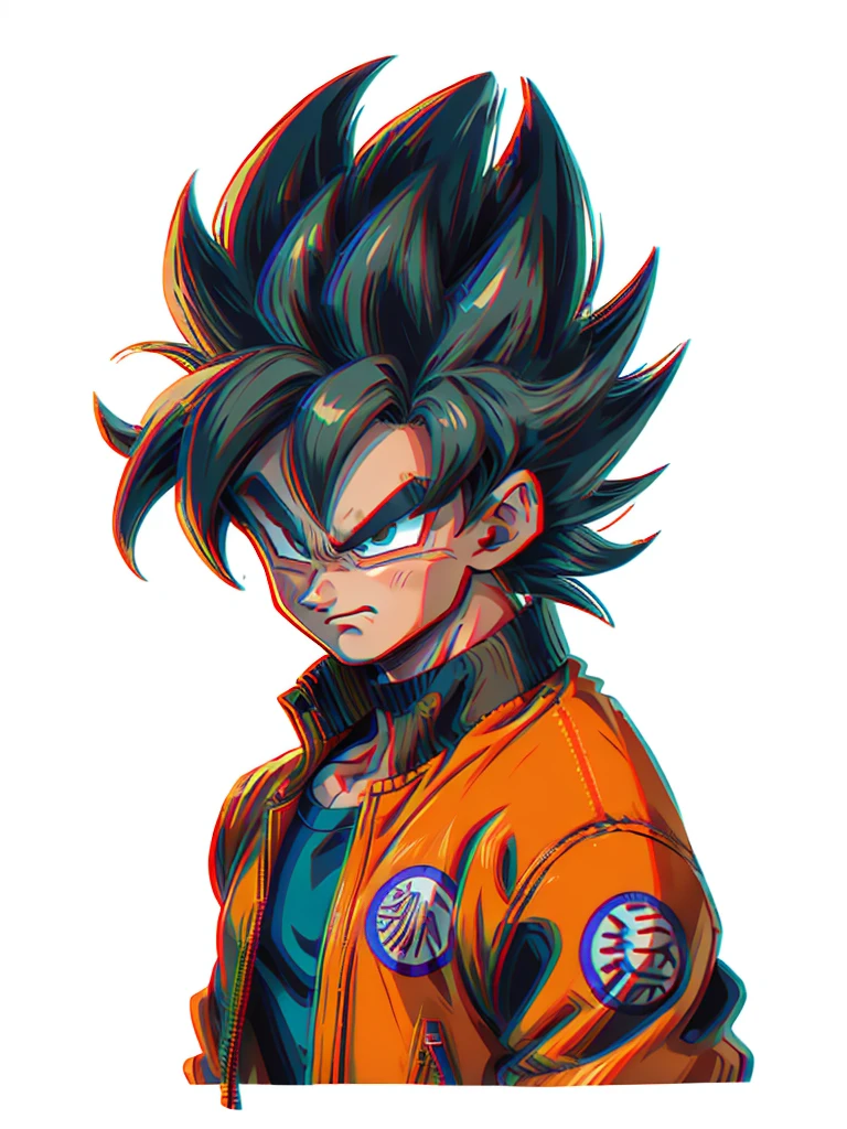 1man, solo, (masterpiece), best quality, ultra-detailed, Son Goku from Dragon Ball Z, super saiyan hair, Retro style, full body. fashion cloth, orange jean jacket, fancy, portrait, upper body, face detail, eyes detail: 1.3, simple background, green eyes, blue shirt, white background, grey shiny hair, ultra instinct
