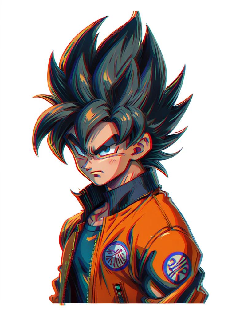 1man, solo, (masterpiece), best quality, ultra-detailed, Son Goku from Dragon Ball Z, super saiyan hair, Retro style, full body. fashion cloth, orange jean jacket, fancy, portrait, upper body, face detail, eyes detail: 1.3, simple background, green eyes, blue shirt, white background, grey shiny hair, ultra instinct
