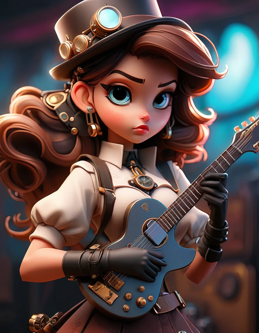 Steampunk style JK girl,Holding a shiny guitar,There is a blurry black shadow standing behind me,beautiful,Celluloid style,Flat coating,HD,3D,comics,8K,high quality,illustration,Vaporwave style,Rim Light,light,Super detailed,complicated,overclocked renderer,