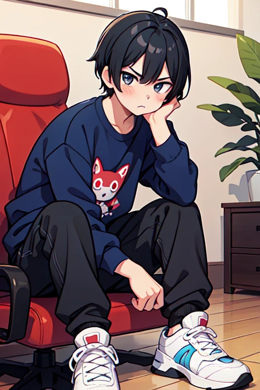 1boy,cute face, black hair, anime, manhwa, black shir, navy jackat, short pant, sneakers, sitting on chair, pouty face