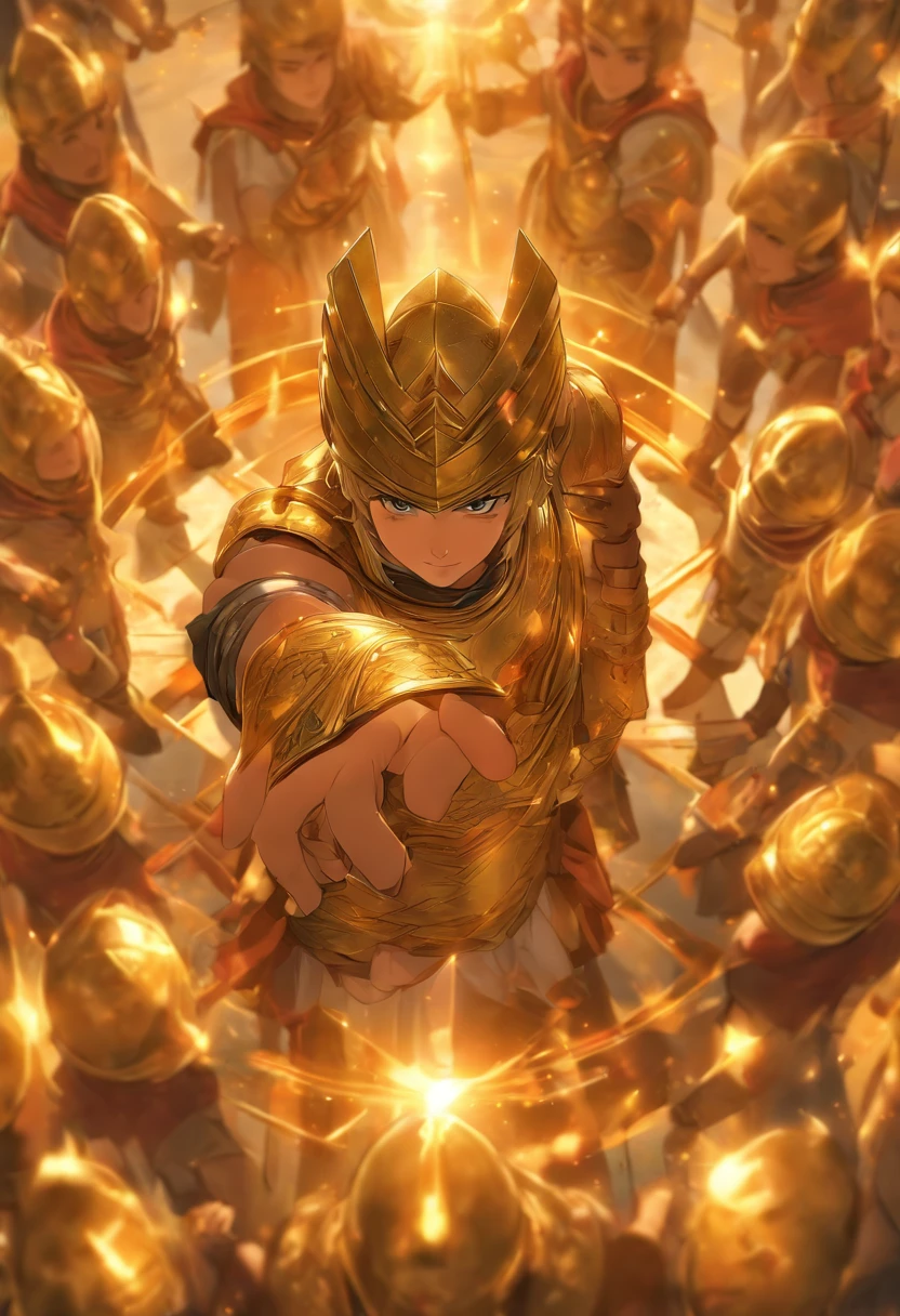 (making symbol of circle with hands together), highres, looking_at_viewer, Ross Lynch, tarot card, roman soldier in gold armor, gold chest plate, gold helmet, gold galea, front-facing, (circle hands, own hands together:1)