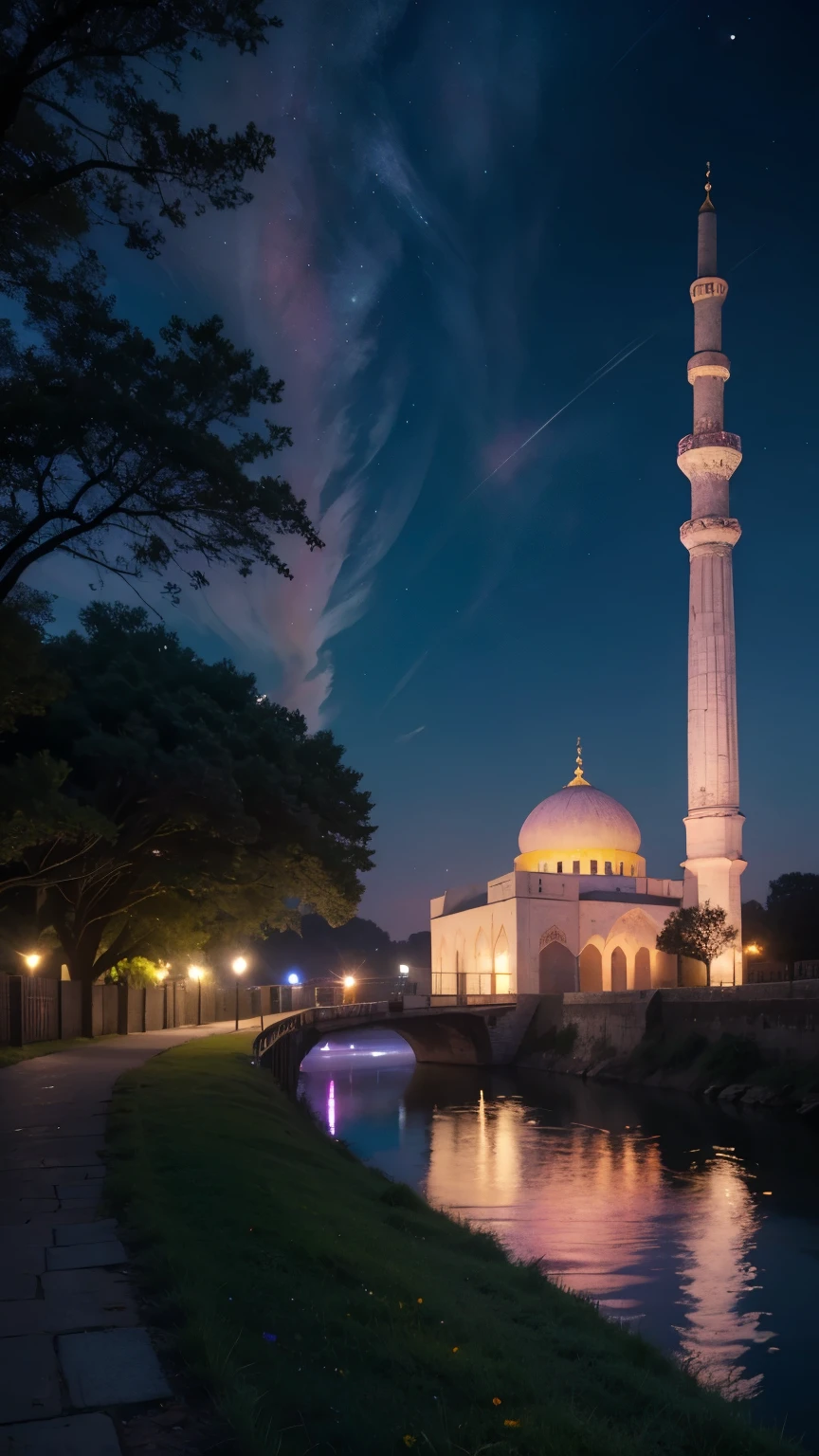 mosque, beautiful, exterior, trees, sexy girl, river, night, (((stars in sky)))