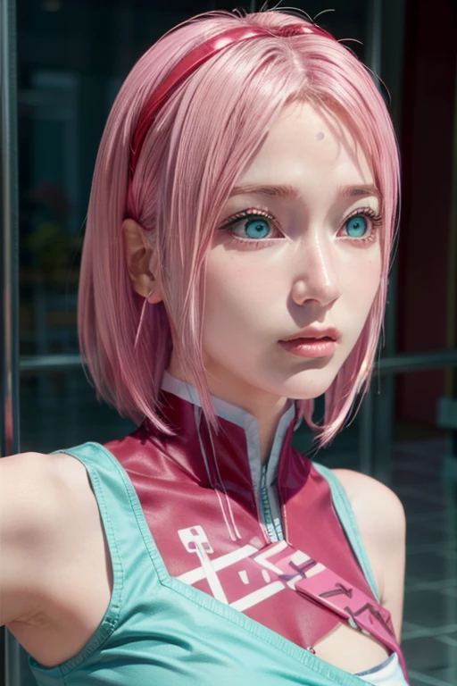 young woman, short shoulder-length pink hair, wide forehead, porcelain skin, pink eyebrows, big emerald green eyes, buttoned nose, full lips, heart-shaped face, slender body, small breasts, red tank top, Sakura Haruno , realistic, realism, details, 3d, well detailed
