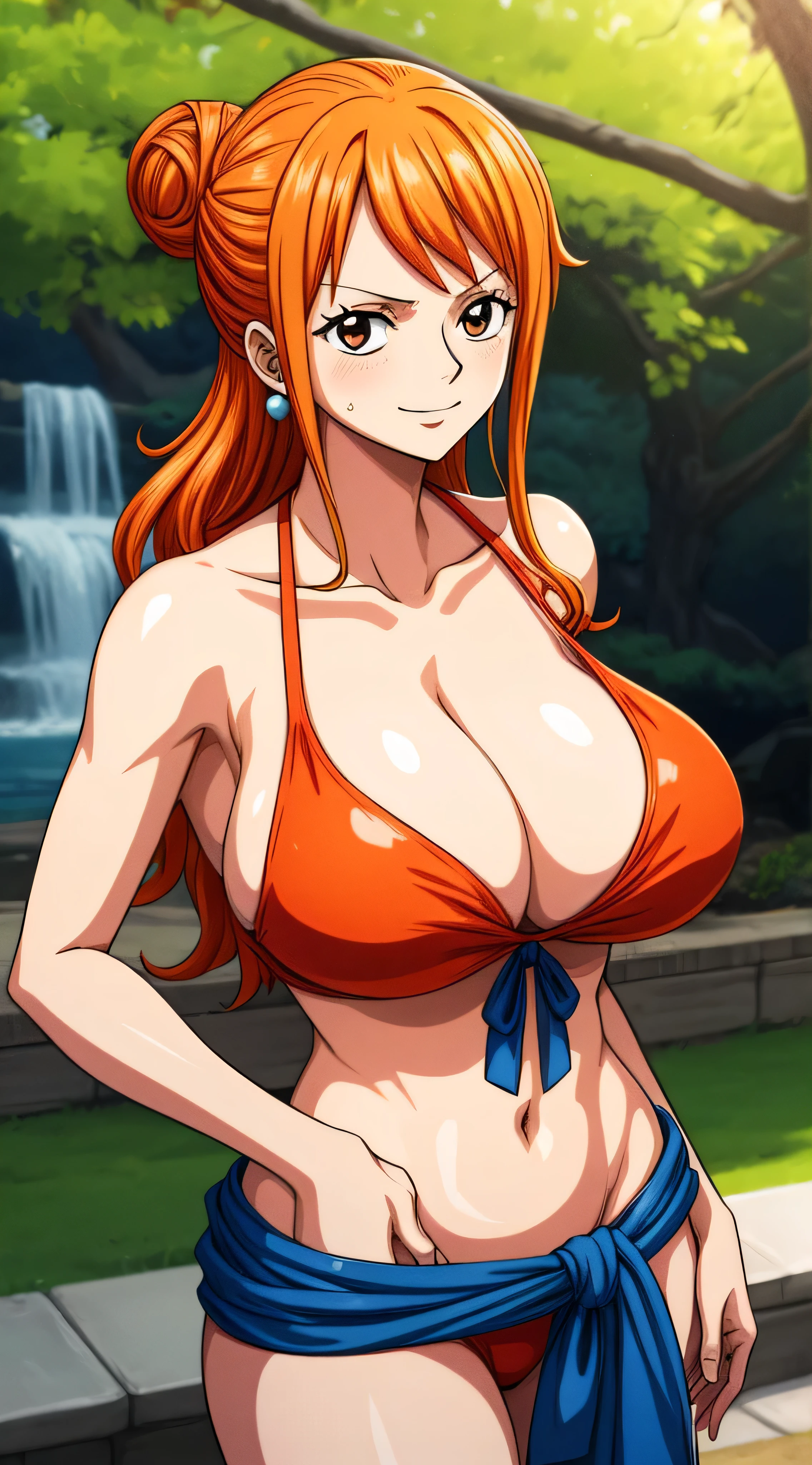 NamiFinal, Nami from the anime One Piece, orange hair, bangs, hair in a bun, beautiful, beautiful woman, perfect body, perfect , wearing a bikini, wearing earrings, wearing a watch, in the park, cherry tree, traditional house japan, looking at viewer, slight smile, realism, masterpiece, textured leather, super detail, high detail, high quality, best quality, 1080p, 16k, busty msweatyge breast, huge assive breast