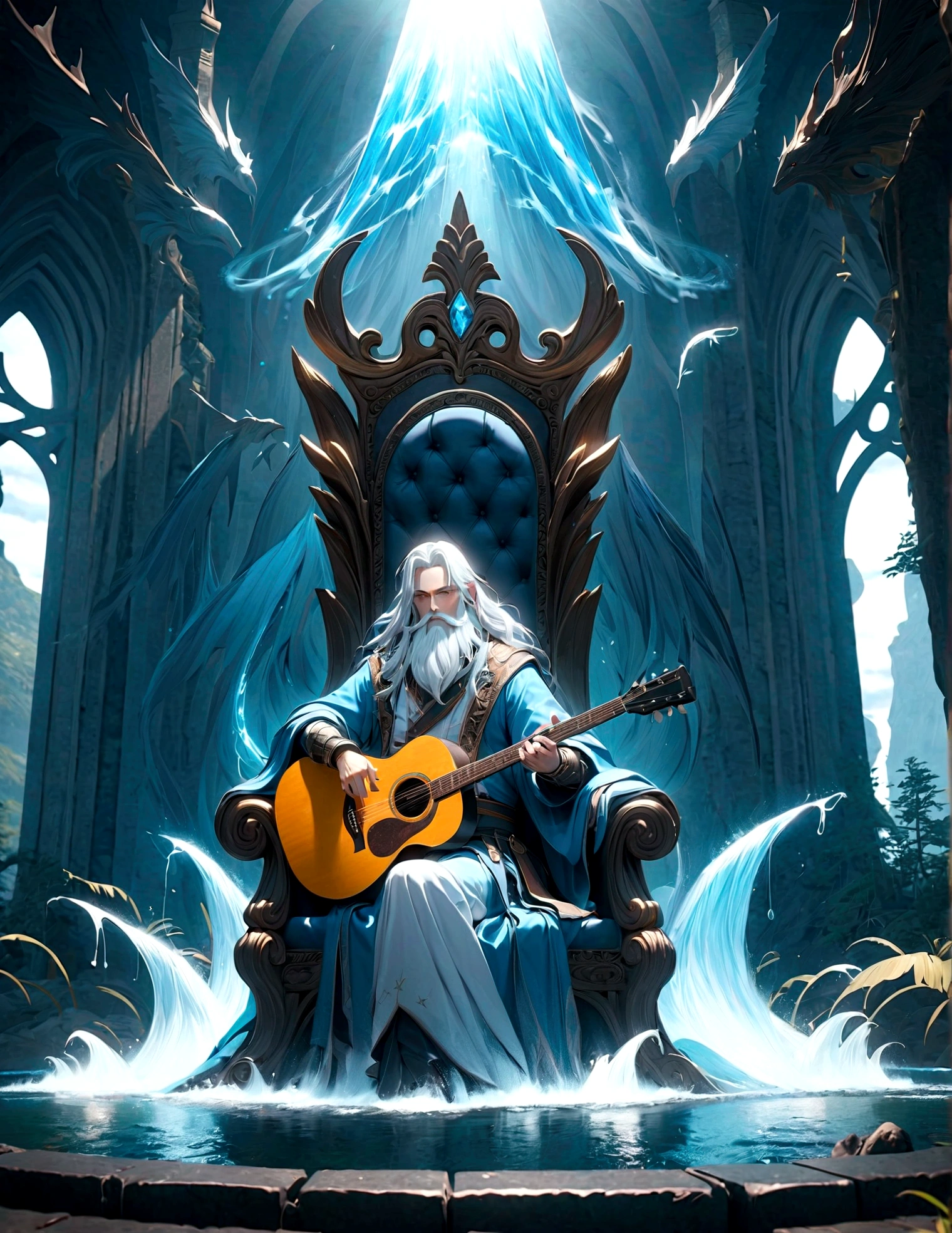 King of Water, He has long white hair and a white beard, Holding a huge guitar, sit on his throne, fantasy, magic, mystery, Ethereal, sublime atmosphere, dreamlike, Extremely detailed and complex, Painted landscapes, Dramatic Lighting, high quality, Octane Rendering, Unreal Engine 5, Reality, Epic scene, Bible World.