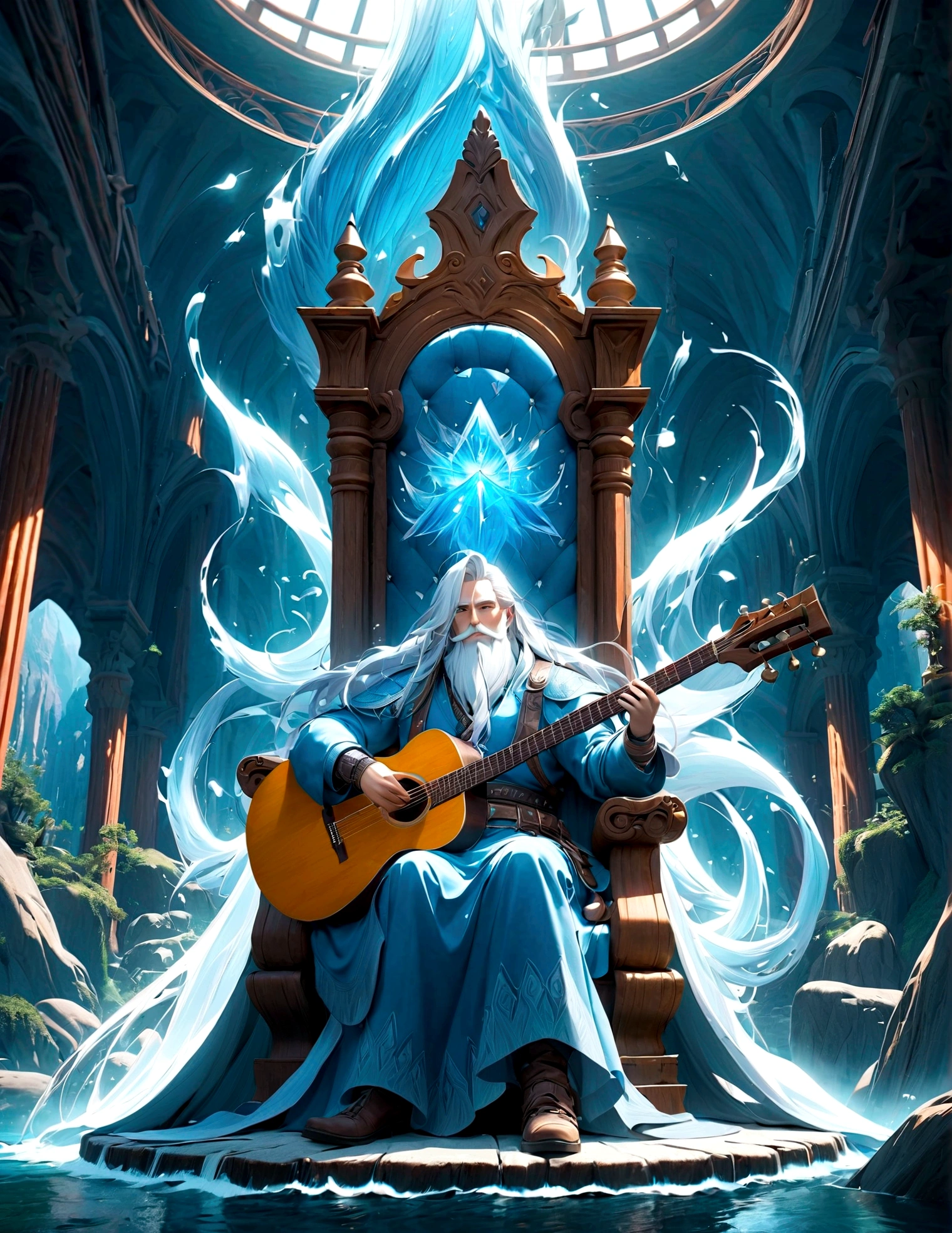 King of Water, He has long white hair and a white beard, Holding a huge guitar, sit on his throne, fantasy, magic, mystery, Ethereal, sublime atmosphere, dreamlike, Extremely detailed and complex, Painted landscapes, Dramatic Lighting, high quality, Octane Rendering, Unreal Engine 5, Reality, Epic scene, Bible World.