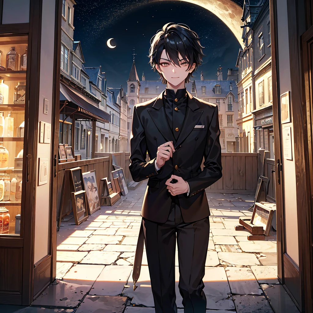 ((ultra detailed, masterpiece, absurdres))
QuarryMax, 1boy, solo, black hair, sharp golden eyes, smirking, bad boy, standing in front of rustic vintage dors, outside, moon, cinematic lighting