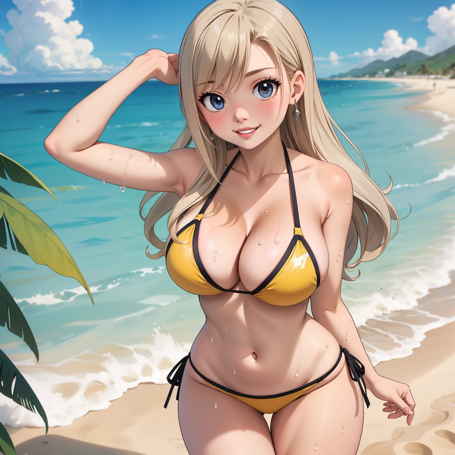 Rebecca Bluegarden, Female 27 years old, cabello rubio ceniza, ojos azules, sonrisa, pechos grandes, bikini amarillo, cuerpo mojado, fondo una playa soleada, cuerpo mojado, gotas de agua en su pecho. rubia cabello rubio. manos perfectas.