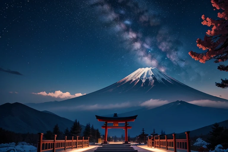 The night sky is filled with a beautiful gradation of colors, from deep purple to dark blue.、Deep colours spread throughout。Under this magnificent night sky、A landscape that symbolizes Japan。
In the distance、The majestic Mount Fuji stands tall、Its peak appears to blend into the night sky.。At the foot of Mount Fuji、A traditional shrine stands quietly、The vermilion torii gates and shrine buildings stand out in the darkness of the night.。The faint light from the shrine lanterns、Gives a soft lighting to the surroundings。
In the foreground、Two figures are depicted: a man and a woman.。They hold hands、Stand side by side、I look up at the starry sky and wish for something。Their silhouettes、Stars in the night sky々and Mt. Fuji、It blends in beautifully with the shrine scenery.、Silence and hope、And it symbolizes devout prayer.。
This beautiful night scene、It evokes deep emotion and serenity.。