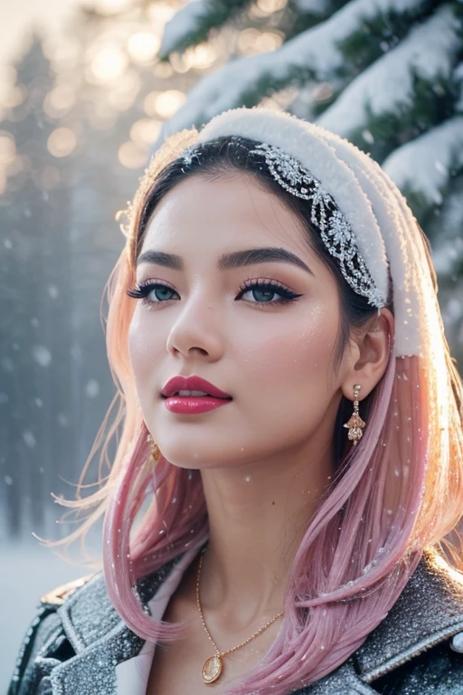 1 girl, Korean model, extremely beautiful, perfect body. Canon RF80mm f/4, 8K, lifelike, masterpiece, sharpest and highest contrast, super realistic color images. Her hair is pink, long and smooth, the wind blows it beautifully under the bright sunlight. Beautiful face, perfect and sexy, holy, perfectly proportioned, beautiful in every detail, ((shiny)), high-end cosmetic makeup. Bright smile, pure white teeth and details. Attractive glossy red lips, brilliant glossy red lipstick. Brown eyes, glossy, seductive, ((sharp makeup)), realistic, ((wet eyes)), detailed. Pink eyeshadow, long eyelashes, blush, high-end cosmetics. Two delicate eyelids, perfectly beautiful and detailed, black eyelashes. Eyebrows are curved, sparse, sharp and detailed. High and detailed nose. Cheeks are prominent and detailed. ((Bright white skin)), detailed pores, shiny skin, smooth skin. Long, shiny legs. Hands are beautiful, perfect, ((no flaws)), no defects. Complex light, yellow-black rays, ((lights the face)), sparkling sunlight, ((lights the girl's body)). Gold and silver earrings, diamond necklace, emerald belt, Rolex watch.
Slim-fitting jacket dress above the knee, snowy pine trees, snowflakes, fog, cold air, cinematic lighting, dramatic silhouettes, fantasy, depth of field, volumetric lighting, covered trees Falling snow, snow falling in hair, beautiful background scenery, detailed background, super detailed.