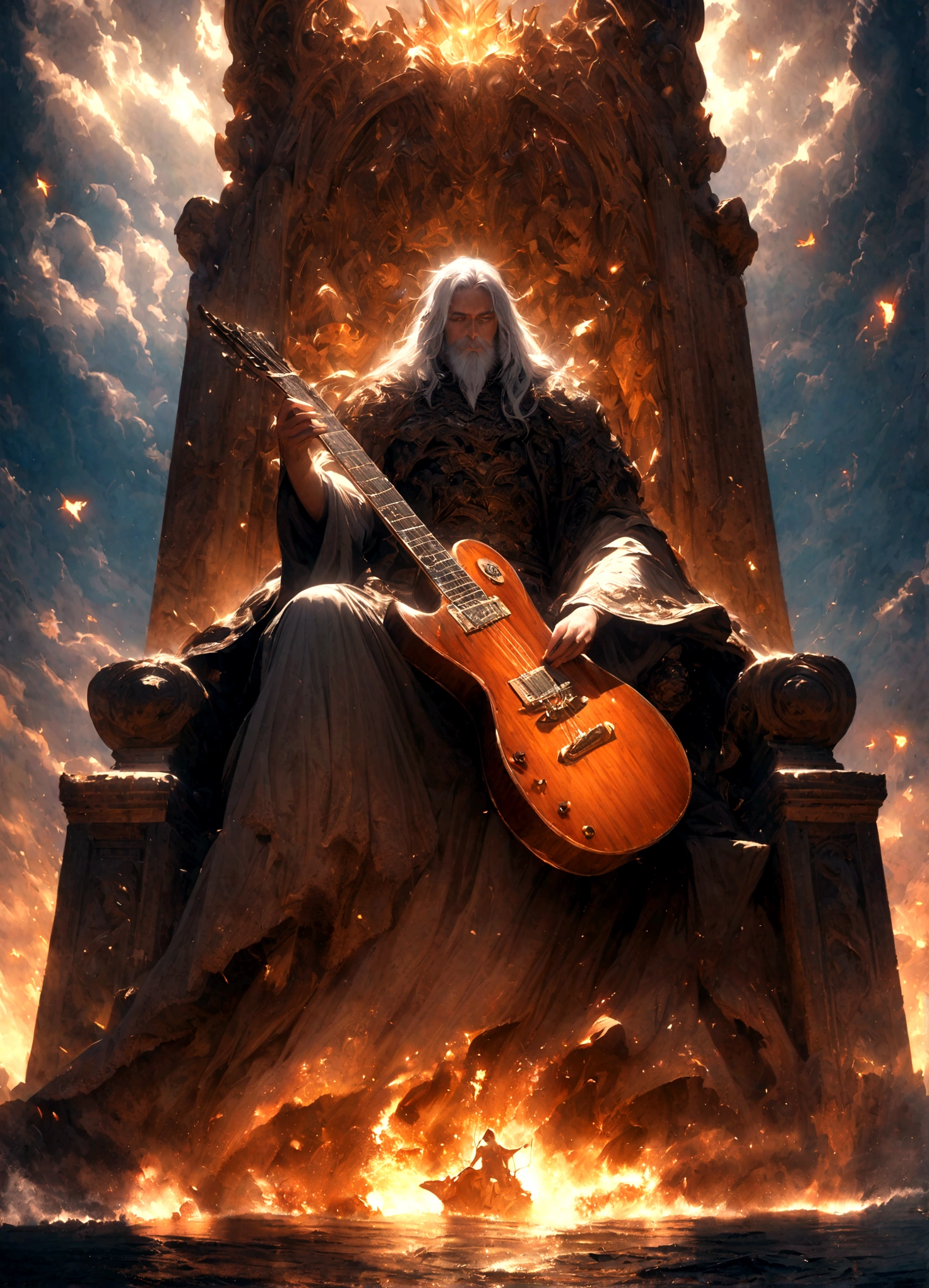 king of the gods, He has long white hair and a white beard, Holding a huge guitar, sit on his throne, set at sea. Dolphin jumps behind. fantasy, magic, mystery, Ethereal, sublime atmosphere, dreamlike, Extremely detailed and complex, Painted landscapes, Dramatic Lighting, high quality, Octane Rendering, Epic scene, Bible World.