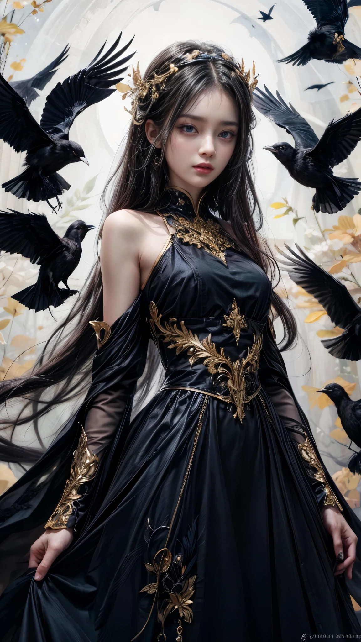 A woman in a black dress with a crown and birds flying around her ...