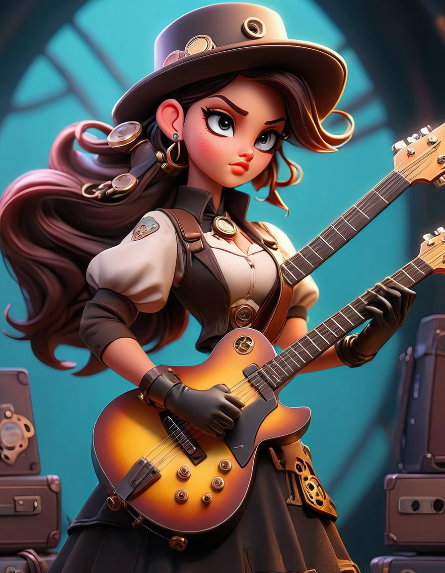 Steampunk style JK girl，Holding a shiny guitar，There is a blurry black shadow standing behind me，beautiful，Celluloid style，Flat coating，HD，3D，comics，8K，high quality，illustration，Vaporwave style，Rim Light，light，Super detailed，complicated，overclocked renderer，