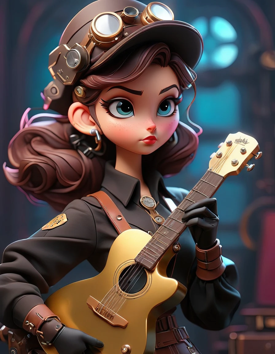 Steampunk style JK girl，Holding a shiny guitar，There is a blurry black shadow standing behind me，beautiful，Celluloid style，Flat coating，HD，3D，comics，8K，high quality，illustration，Vaporwave style，Rim Light，light，Super detailed，complicated，overclocked renderer，