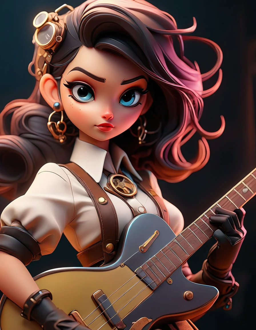 Steampunk style JK girl,Holding a shiny guitar,There is a blurry black shadow standing behind me,beautiful,Celluloid style,Flat coating,HD,3D,comics,8K,high quality,illustration,Vaporwave style,Rim Light,light,Super detailed,complicated,overclocked renderer,