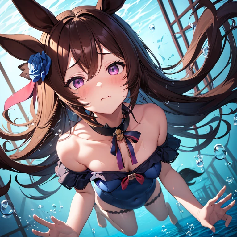 ((masterpiece)), ((best quality)), ((highres)), ((detailed background)), ((extremely detailed CG unity 8k wallpaper)), ((anatomically correct)),

(navy blue school swimsuit),
r1cesh0wer, fur collar, horse tail, horse girl, purple eyes, hair over one eye, brown thighhighs, hat flower, flaming eye,

(She strangles her own neck:1.5),
(looking up:1.5),(floating:1.3),
(swim underwater),

(She endures the agony of drowning with her eyes and mouth tightly closed:1.5),
(drowned:1.5),
(blush:1.3),

(underwater:1.5),
(inside a cage:1.5),
(The ceiling is window with iron grille:1.3),

(blowing in the wind:1.5), 
(A lot of small bubbles:1.5), 
(small bubbles around the body:1.5),

full body,

(Dutch Angle:1.3),
(depth of fields:1.3), 
(god rays:1.5),

 masterpiece, best quality, super detail, ultra realistic, anatomically correct, submerged portraits, fantastic art photography, light leak effect, depth of fields, god rays