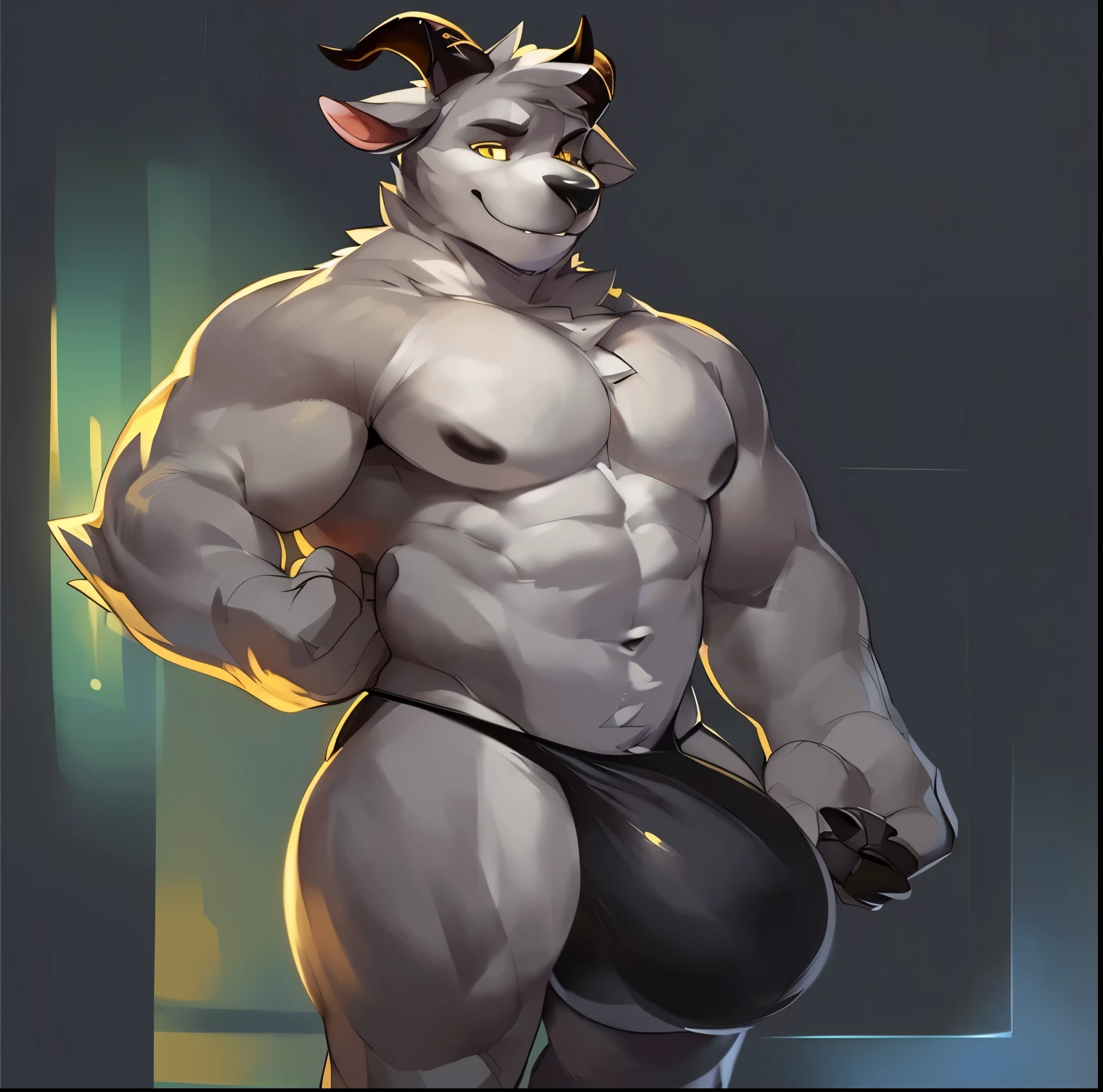 Solo, male (((goat, yellow eyes, muscular, grey body, grey fur, horns, black nose, black thong, huge bulge))) full body, perfect anatomy, by darkgem, by mystikfox61, by glitter trap boy