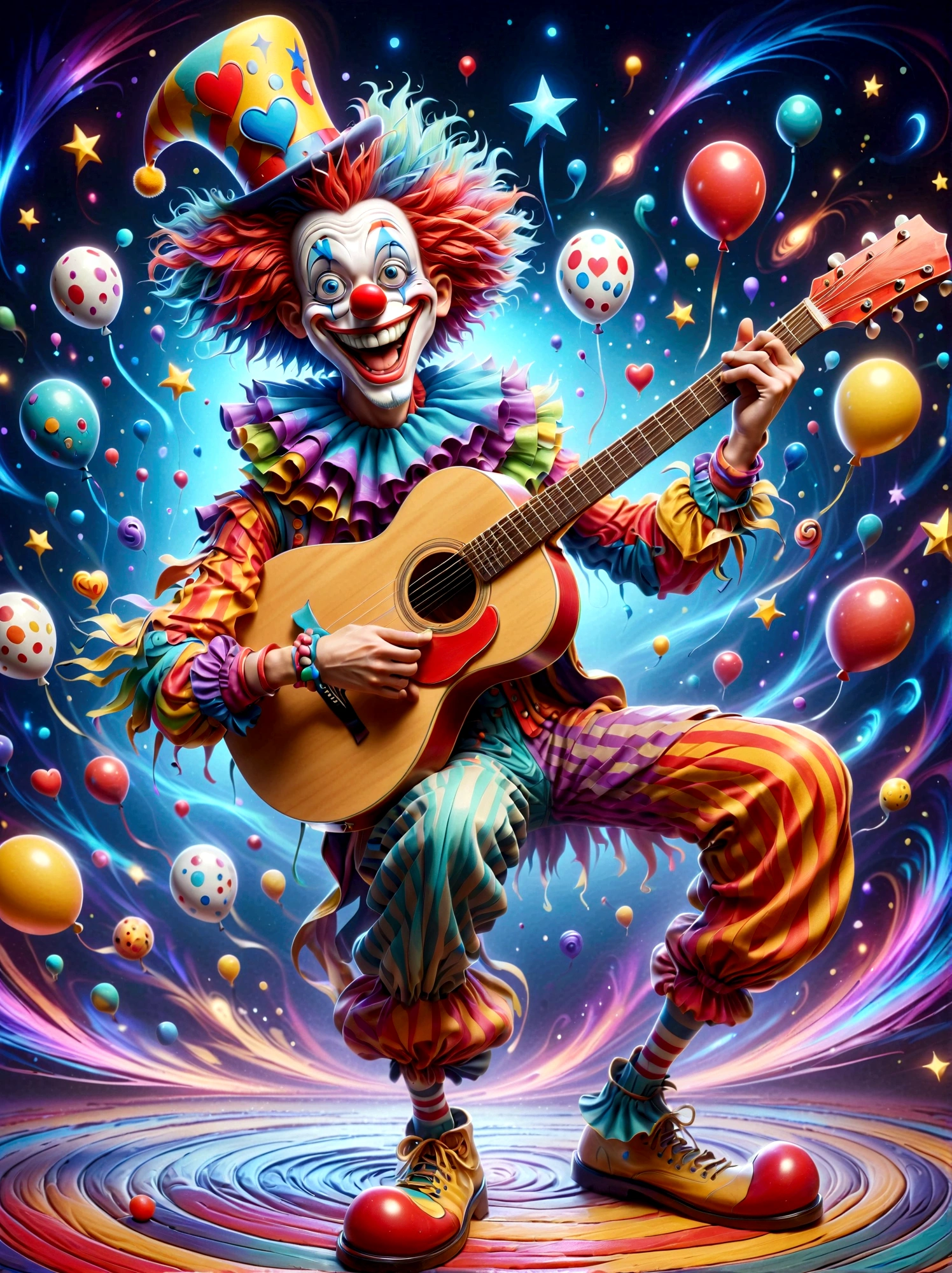 A spectacled Caucasian male dressed in a colorful clown costume complete with a red nose, oversized shoes, and a wild wig of multiple colors. He's shining with amusement and delight as he strums a vintage wooden acoustic guitar enthusiastically. The guitar is adorned with playful stickers of stars, suns, and moons, echoing the upbeat aura of its performer. The clown is standing on a cheerful, checkerboard-patterned floor with a simple, muted-toned background, thus making the vibrant colors of his attire stand out prominently.