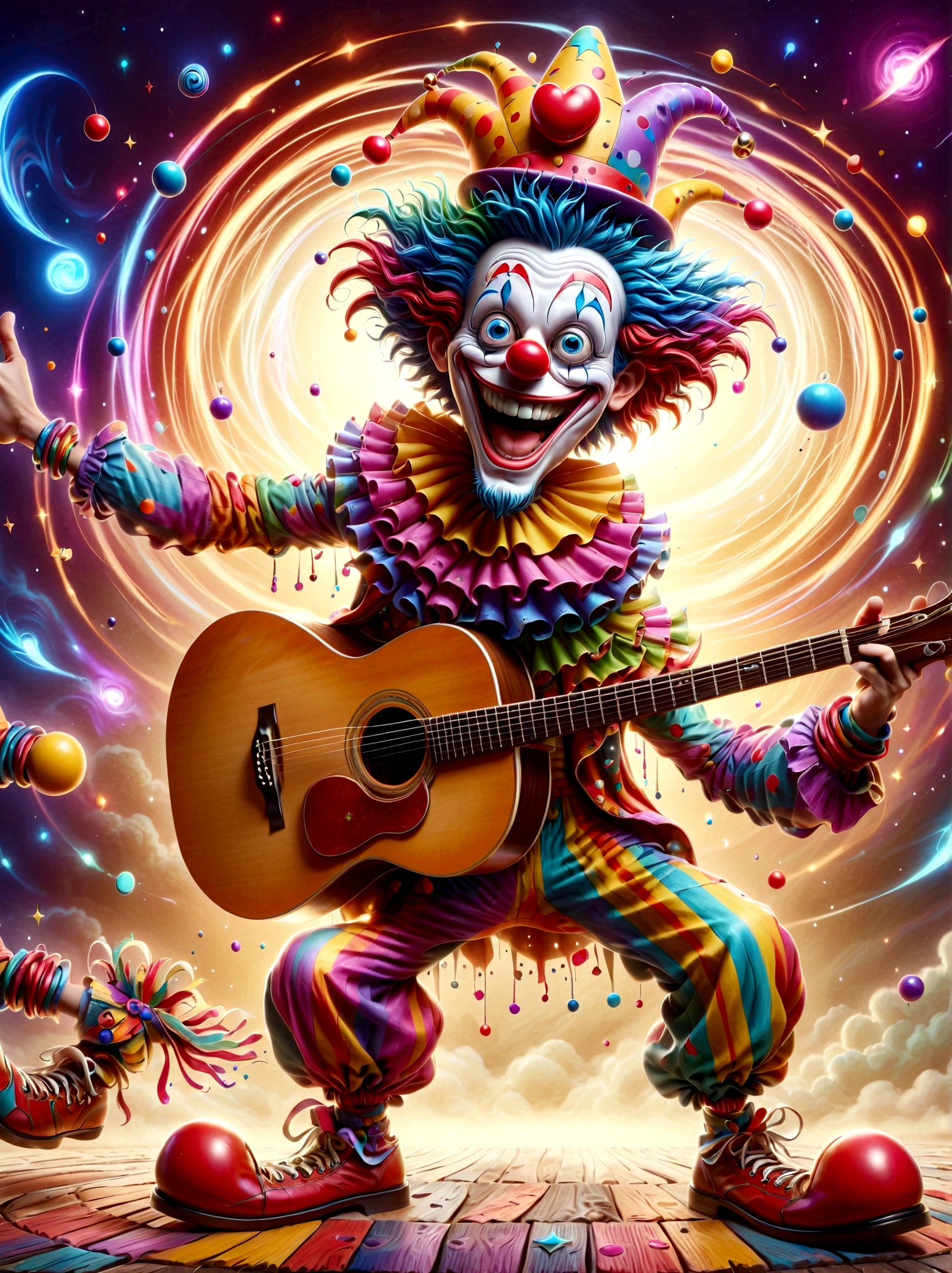 A spectacled Caucasian male dressed in a colorful clown costume complete with a red nose, oversized shoes, and a wild wig of multiple colors. He's shining with amusement and delight as he strums a vintage wooden acoustic guitar enthusiastically. The guitar is adorned with playful stickers of stars, suns, and moons, echoing the upbeat aura of its performer. The clown is standing on a cheerful, checkerboard-patterned floor with a simple, muted-toned background, thus making the vibrant colors of his attire stand out prominently.