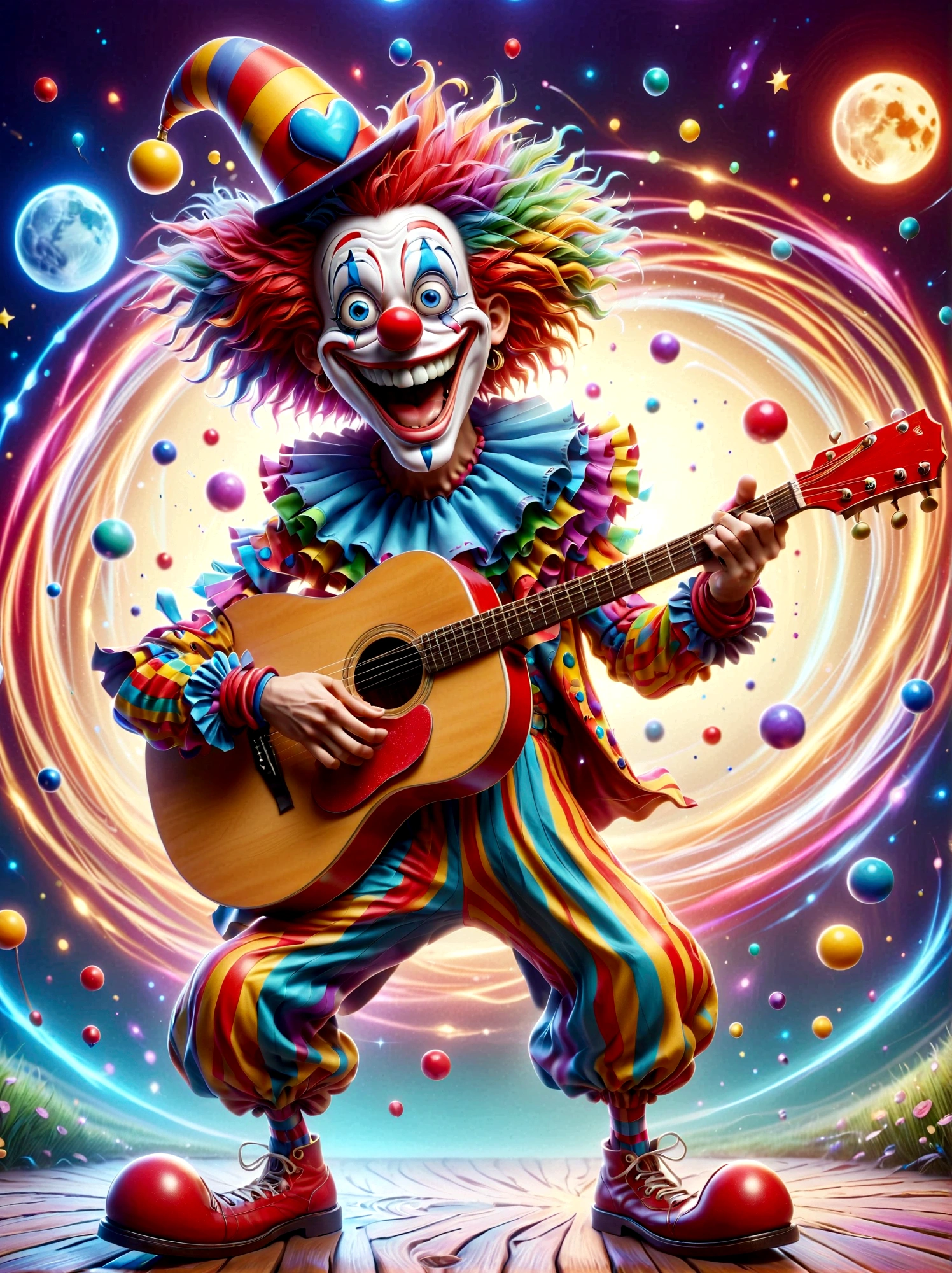 A spectacled Caucasian male dressed in a colorful clown costume complete with a red nose, oversized shoes, and a wild wig of multiple colors. He's shining with amusement and delight as he strums a vintage wooden acoustic guitar enthusiastically. The guitar is adorned with playful stickers of stars, suns, and moons, echoing the upbeat aura of its performer. The clown is standing on a cheerful, checkerboard-patterned floor with a simple, muted-toned background, thus making the vibrant colors of his attire stand out prominently.