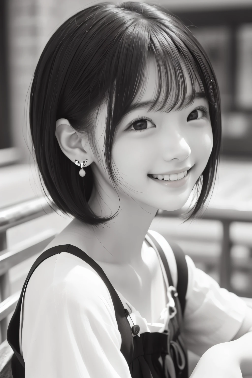 Black and White、monotone、PAPERCUT、woman、Baby Face、 smiling、 pulled back hair, Side lock hair、Earrings