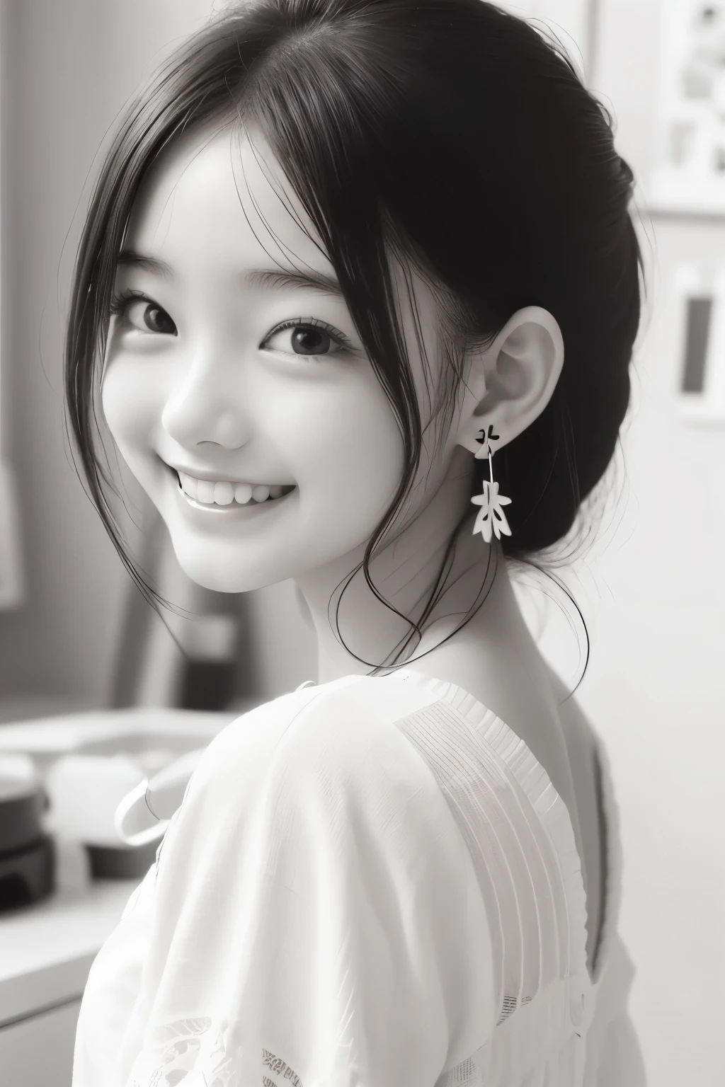 Black and White、monotone、PAPERCUT、woman、Baby Face、　smiling、　 pulled back hair, Side lock hair、Earrings