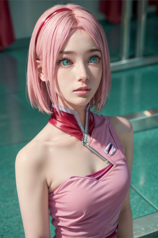 young woman, short shoulder-length pink hair, wide forehead, porcelain skin, pink eyebrows, big emerald green eyes, buttoned nose, full lips, heart-shaped face, slender body, small breasts, red tank top, Sakura Haruno , realistic, realism, details, 3d, well detailed
