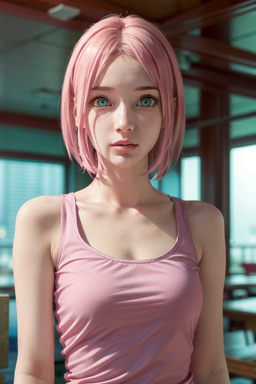 young woman, short shoulder-length pink hair, wide forehead, porcelain skin, pink eyebrows, big emerald green eyes, buttoned nose, full lips, heart-shaped face, slender body, small breasts, red tank top, Sakura Haruno , realistic, realism, details, 3d, well detailed
