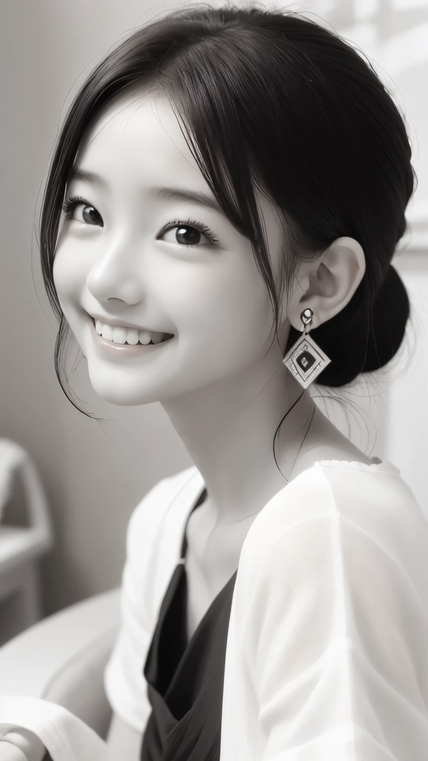 Black and White、monotone、PAPERCUT、woman、Baby Face、 smiling、 sideburns hair、Earrings
