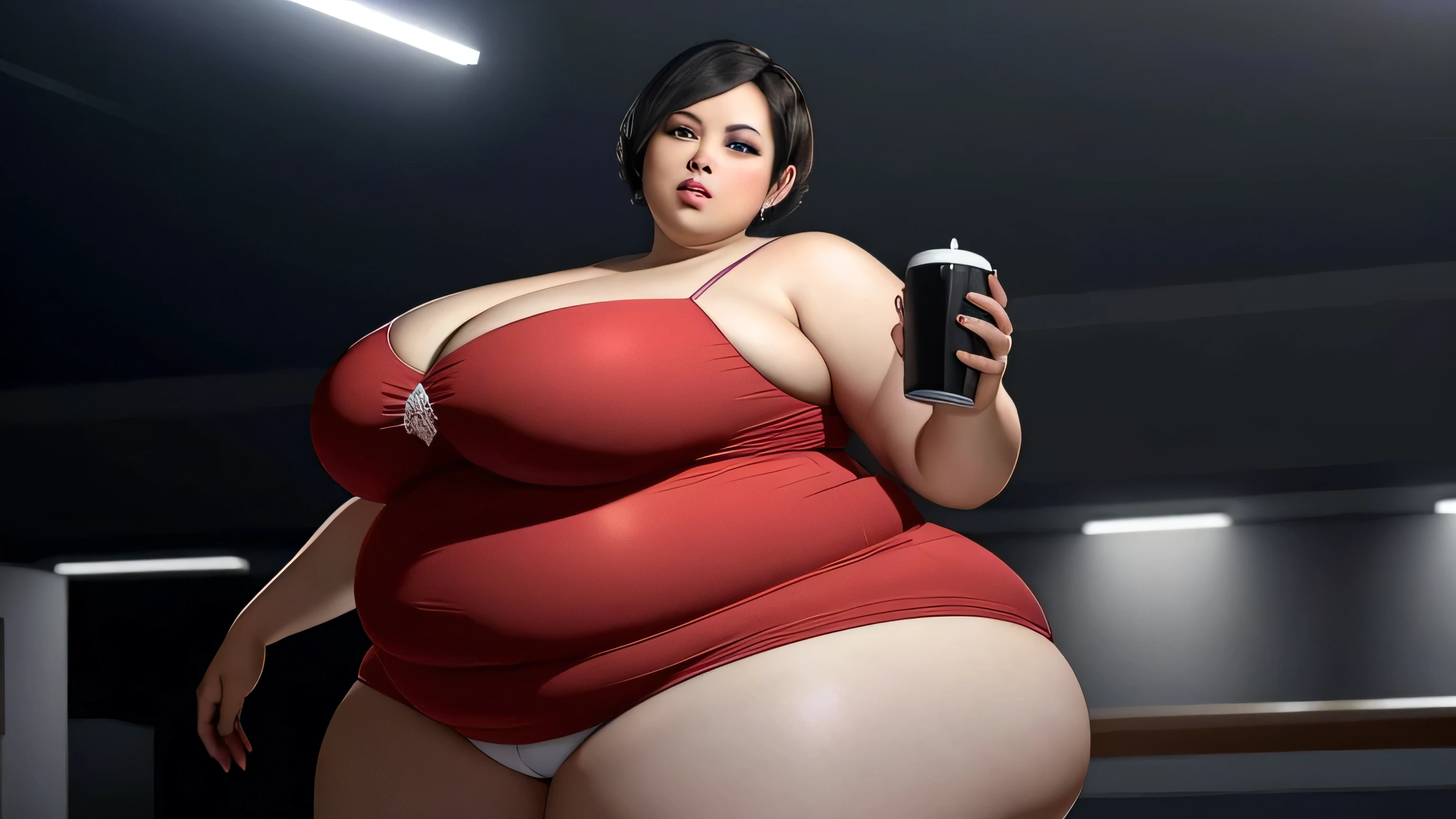 (melhor qualidade, Obra de arte, perfect lighting, florescer, cinematic lighting), vestido longo vermelho, cabelo preto, corar, cabelo curto, athletic night, volumetric lighting, Ada wong, olhando para o espectador,  very fat, massive ass, fat belly, big , bbw, fat like a whale, enquanto come um hamburguer